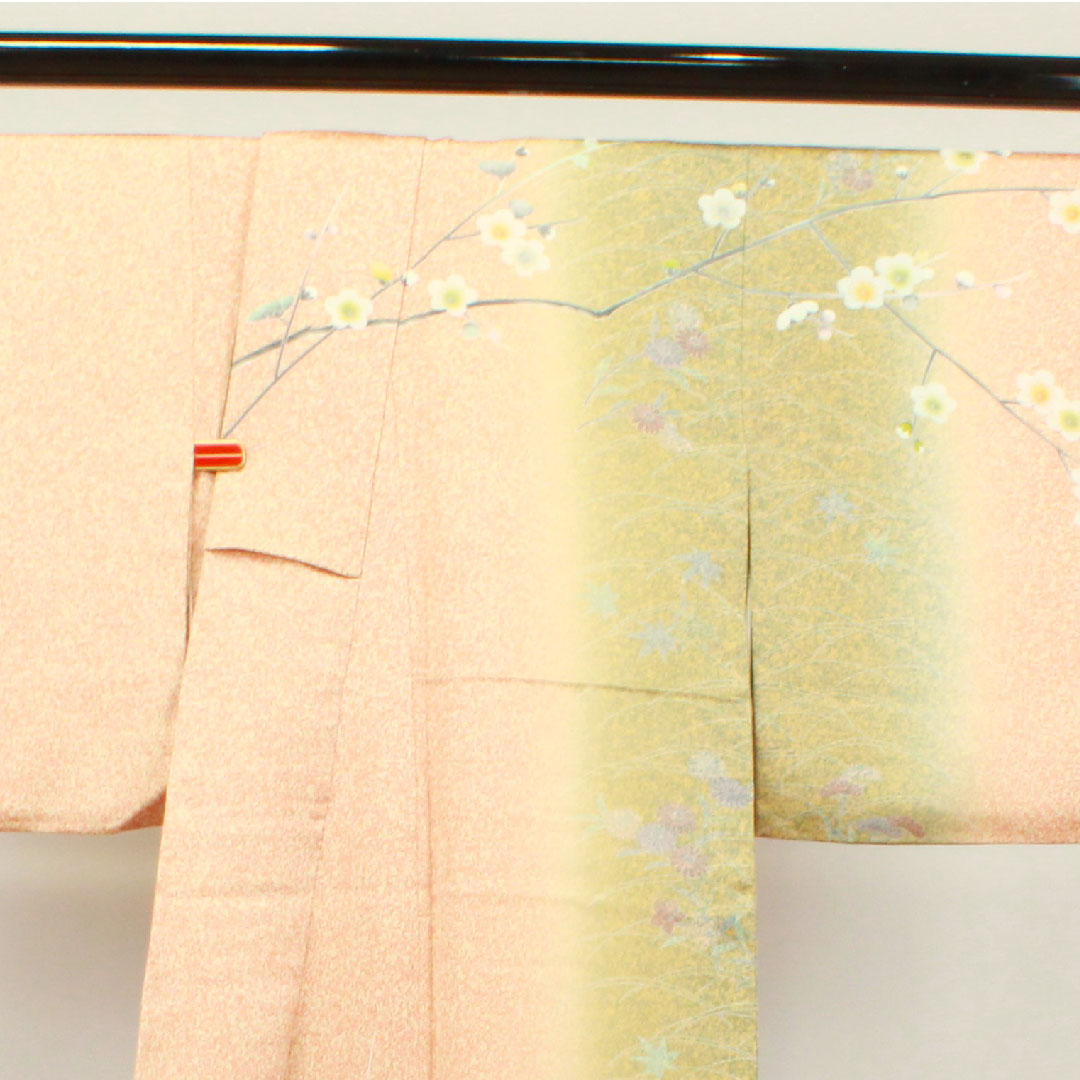 Homongi, pure silk, lined, length 163.5cm, sleeve length 64cm, vermilion, tapped dye, plum, chrysanthemum, artist's work, S rank, vermilion, 1112003252416