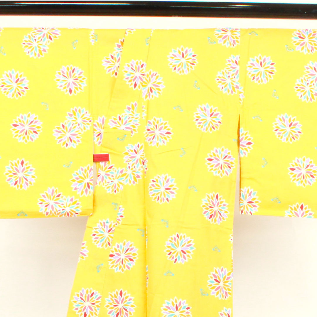 浴衣 支子色 抽象模様 木綿 Sランク 単衣 身丈160.5cm 裄丈64cm 黄系 1118001232423