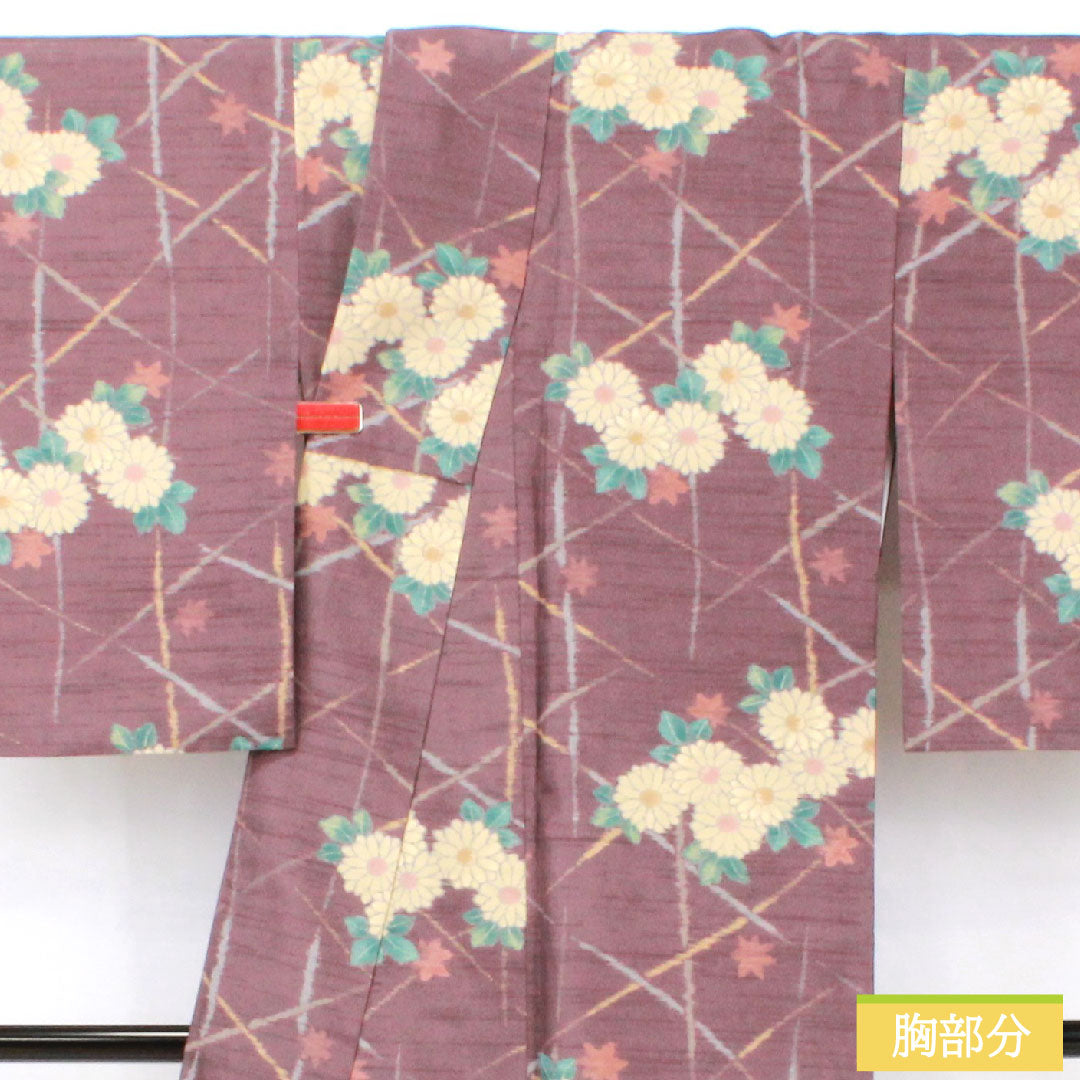 小紋 ポリエステル 身丈167.5cm 裄丈67cm 袷 滅紫色(けしむらさきいろ) 洗える着物 菊 Sランク 紫系 1115004592520