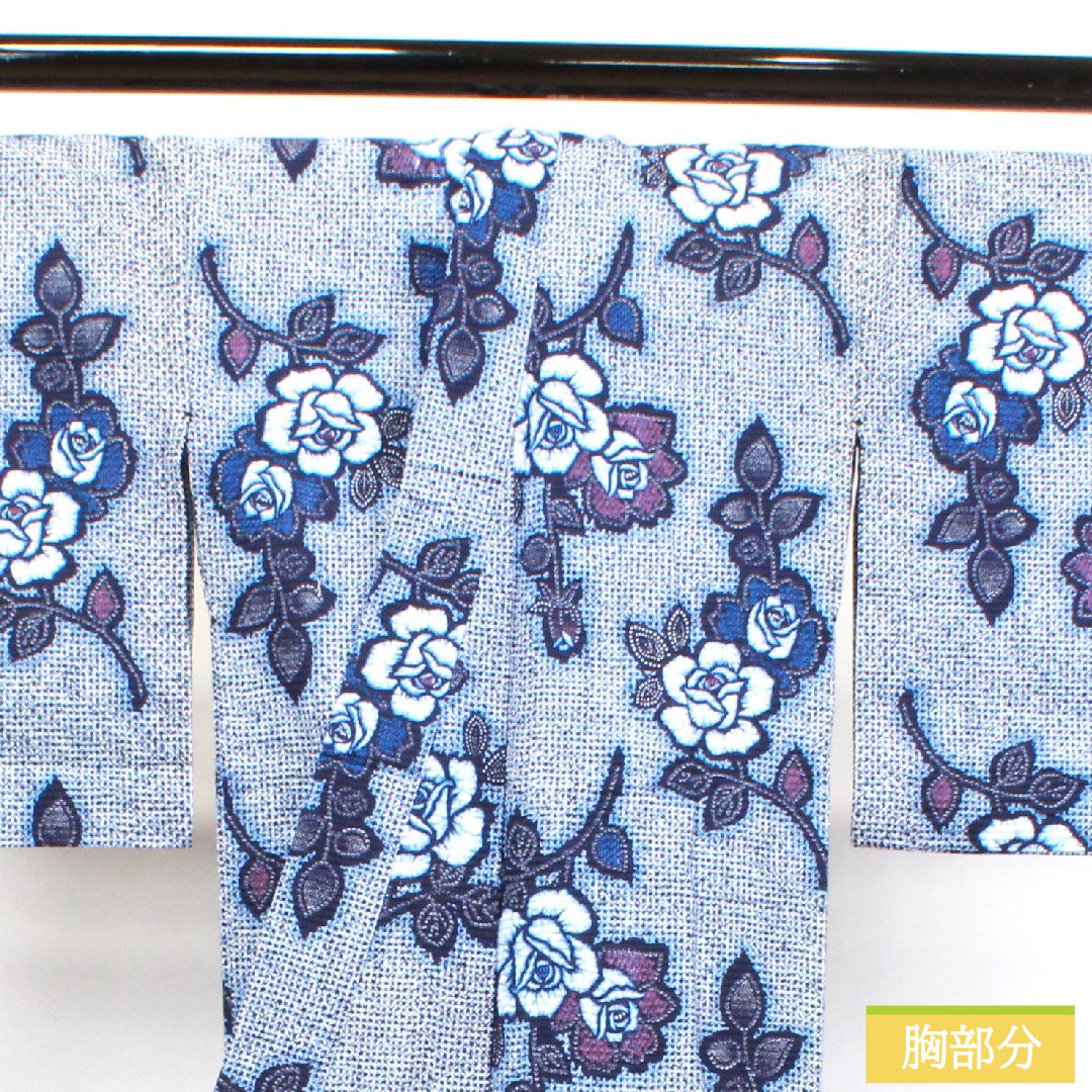 浴衣 木綿 身丈155cm 裄丈63cm Aランク 単衣 紺系 濃紺色(のうこんいろ) リップル 薔薇 1118004582318