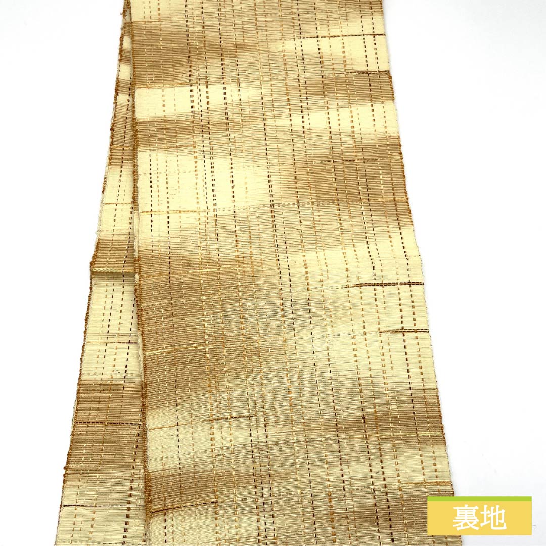 名古屋帯 薄卵色(うすたまごいろ) 紬地 幾何学模様 帯丈350cm 正絹 Sランク 全通 カジュアル ベージュ系 1124008092325 開き仕立て