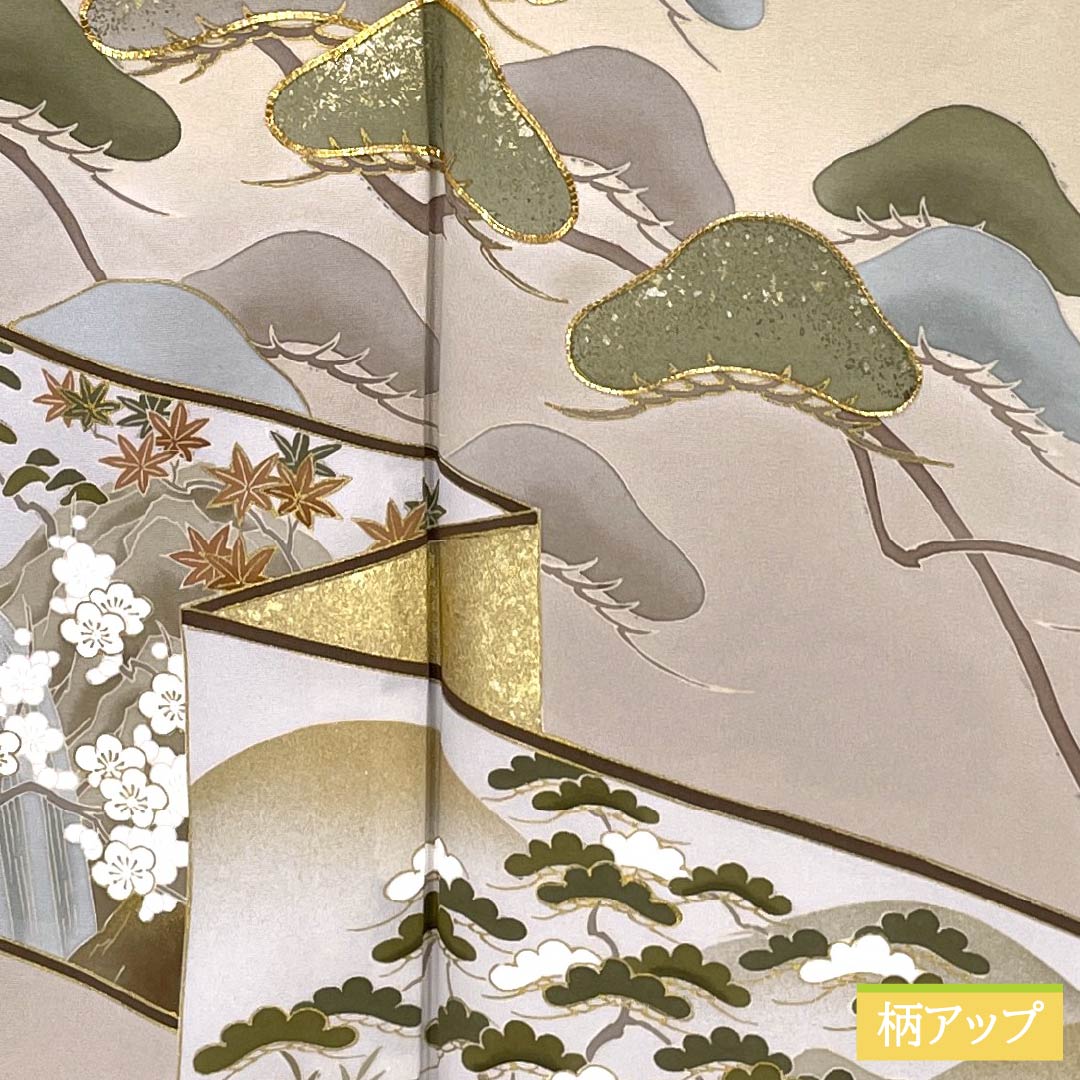 色留袖 正絹 Sランク 身丈167cm 裄丈68cm 袷 東京白茶色(とうきょうしらちゃいろ) 京友禅 松 屏風 一つ紋 丸に三つ柏 パールトーン加工 一つ紋 クリーム系 1111002182515