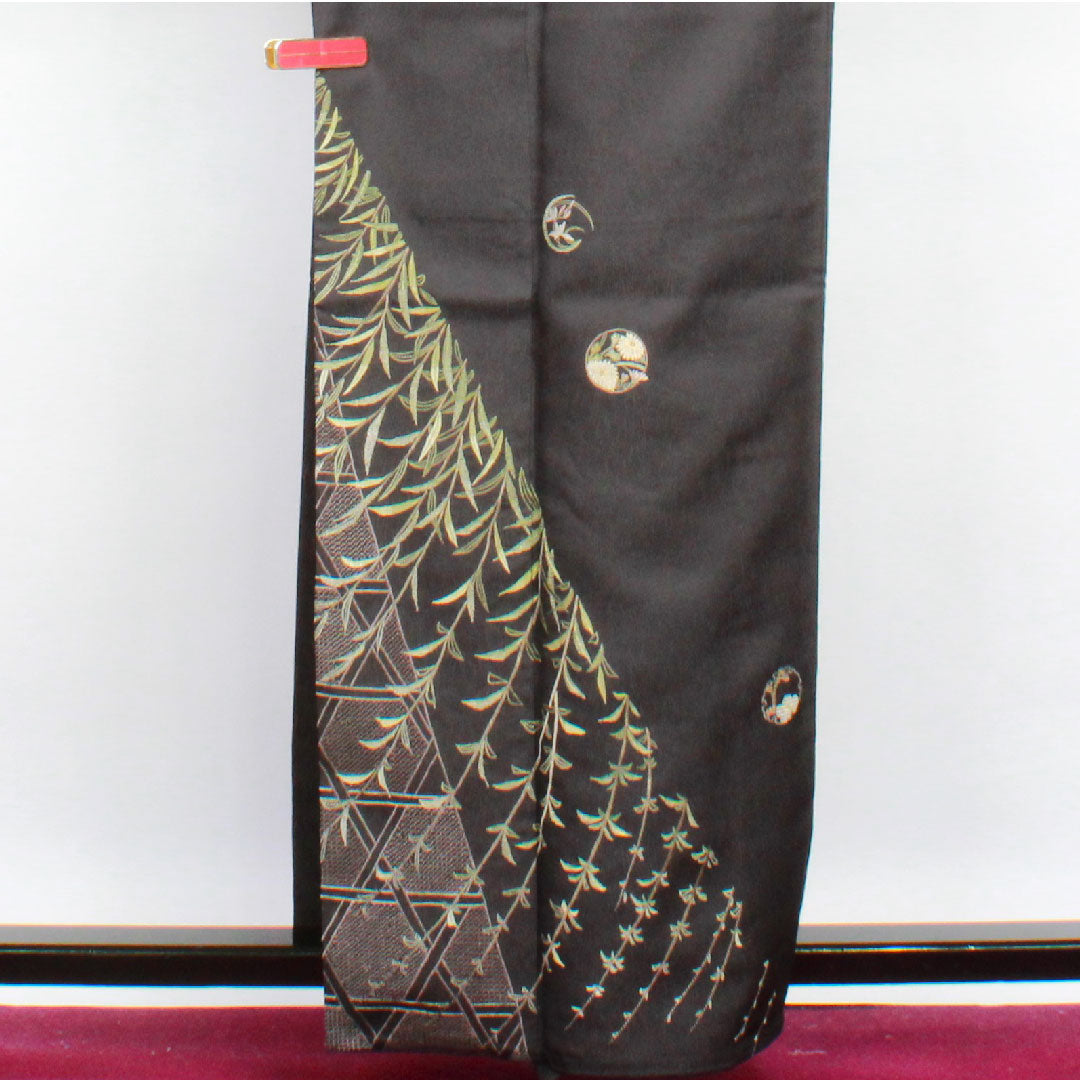 訪問着 袷 身丈160cm 裄丈65cm 汕頭刺繡 相良刺繡 草花模様 正絹 Sランク 黒系 1112001842410