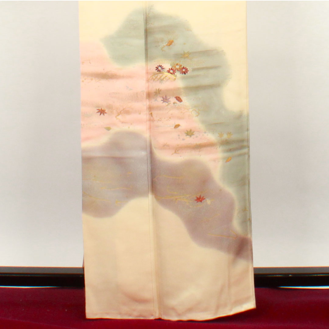訪問着 袷 身丈162cm 裄丈64cm 肌色 京友禅 刺繡 草花模様 正絹 Bランク クリーム系 1112001614415