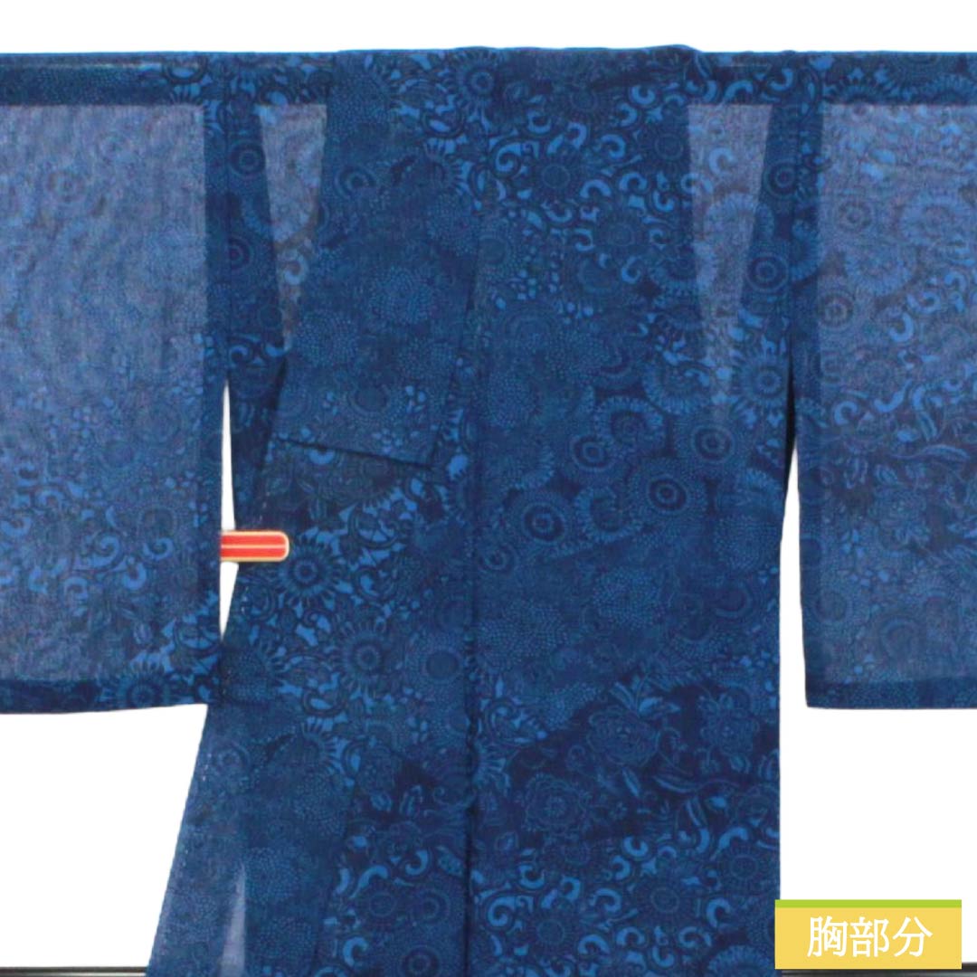 夏物 ポリエステル 小紋 Aランク 身丈155.5cm 裄丈64cm 紺桔梗色(こんききょういろ) 洗える着物 菊 唐草 紗 紺系 1132005973318