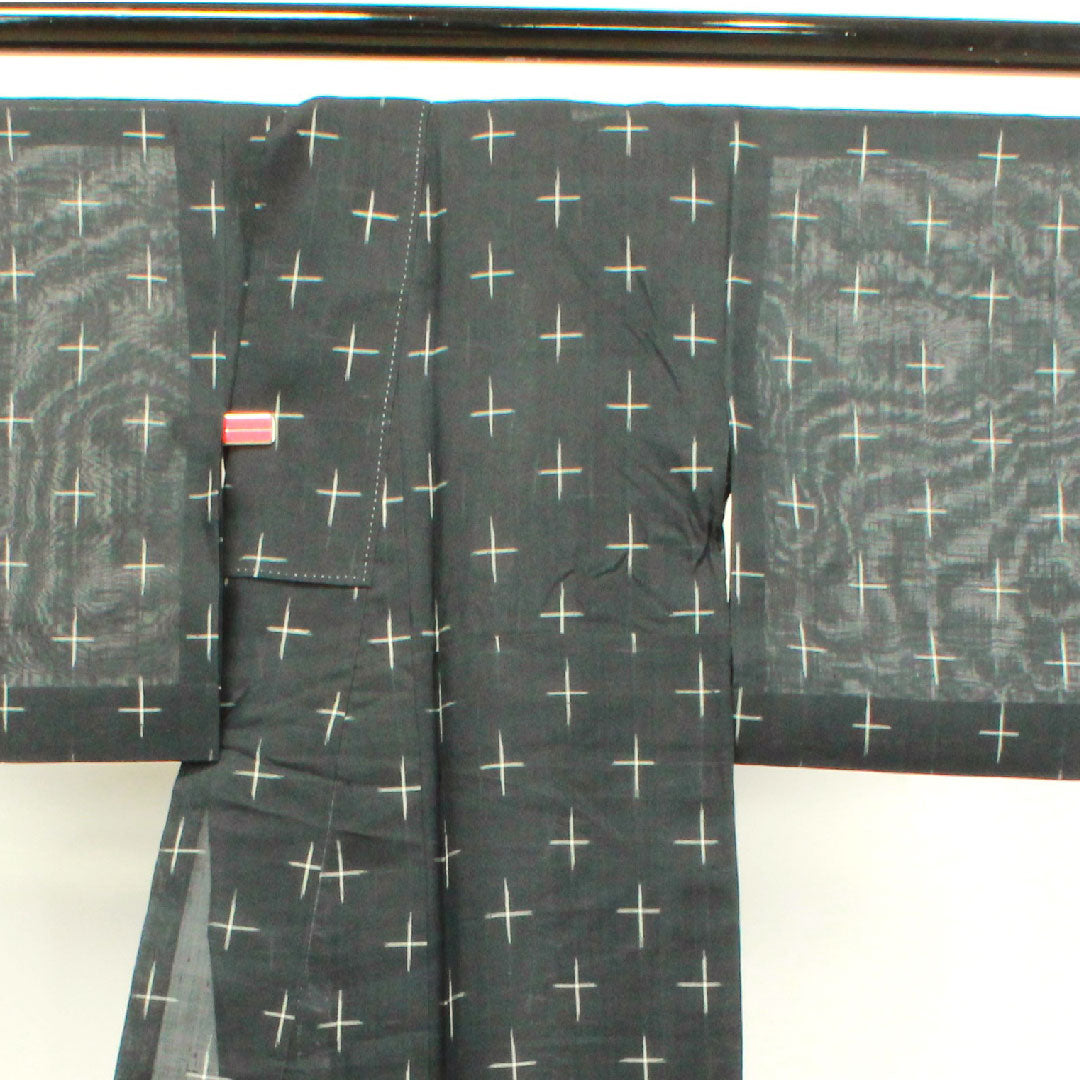 夏物 正絹 紬 身丈159cm 裄丈62cm 十字絣 紗 Sランク 黒系 1132000792310