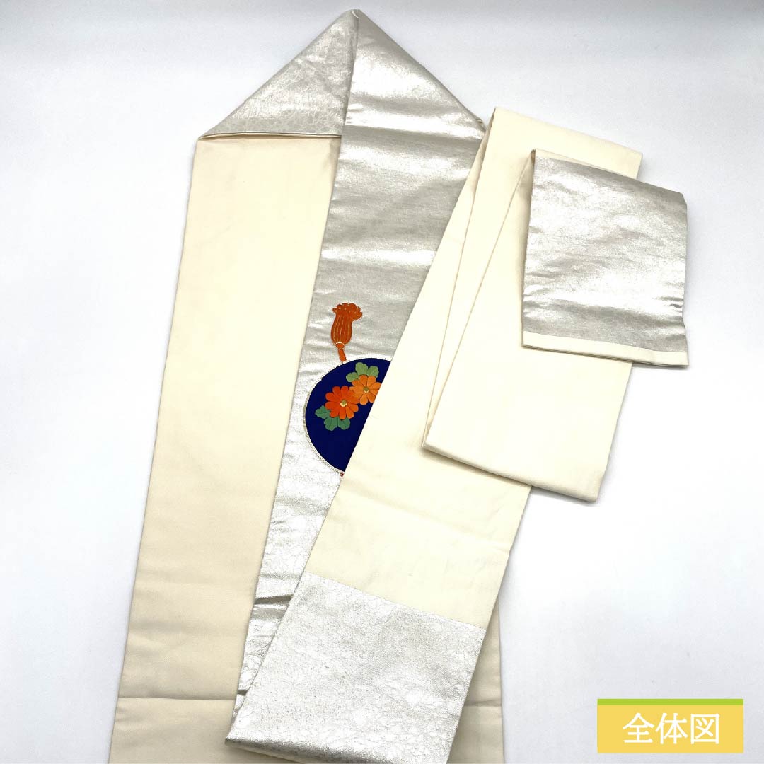 名古屋帯 正絹 Aランク 刺繍 組紐 花紋 椿 帯丈358cm ポイント柄 セミフォーマル 銀系 1124010663322 名古屋仕立て