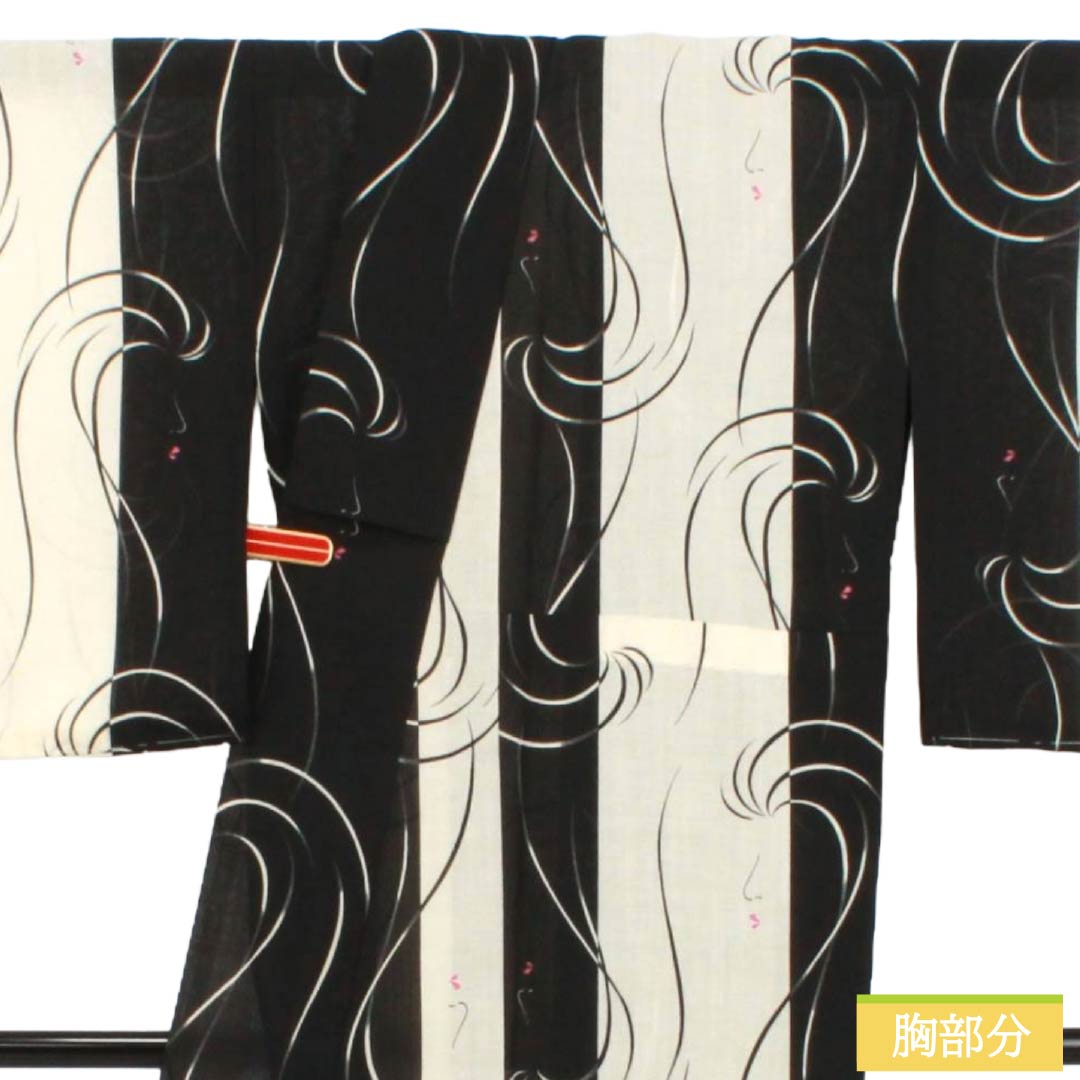 夏物 ポリエステル 小紋 Sランク 身丈166cm 裄丈67.5cm 生成り色(きなりいろ) 縞 人物画 抽象模様 紗 マルチカラー 1132003532528