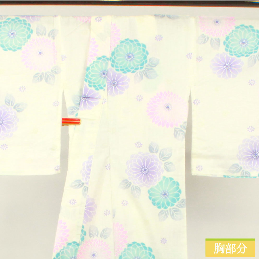 Yukata Cotton Length 163cm Sleeve length 66.5cm S rank Single layer White Chrysanthemum 1118005042411