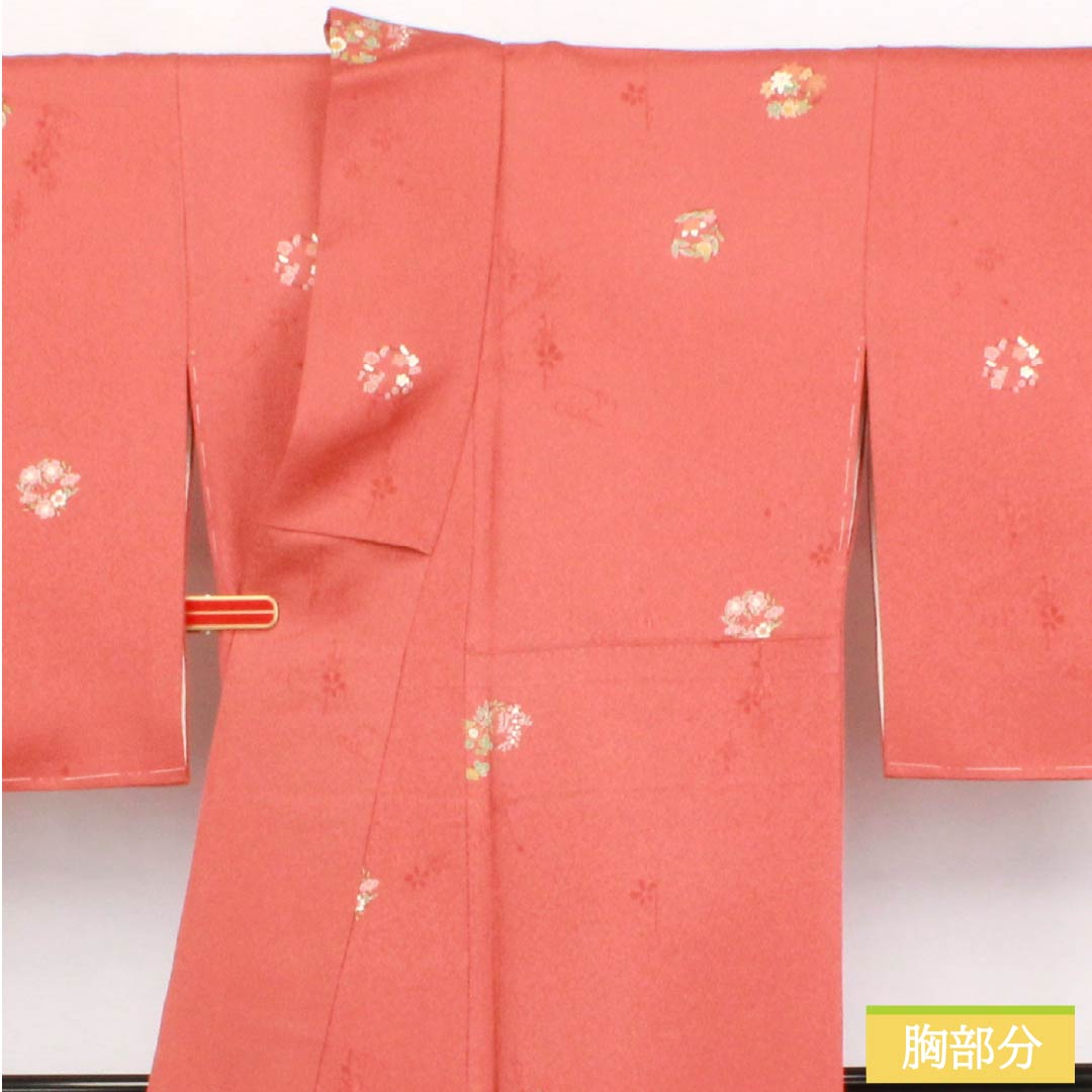 小紋 正絹 身丈163.5cm 裄丈66.5cm 袷 紅唐色(べにとういろ) 型染 花輪 Sランク 朱系 1115006072416