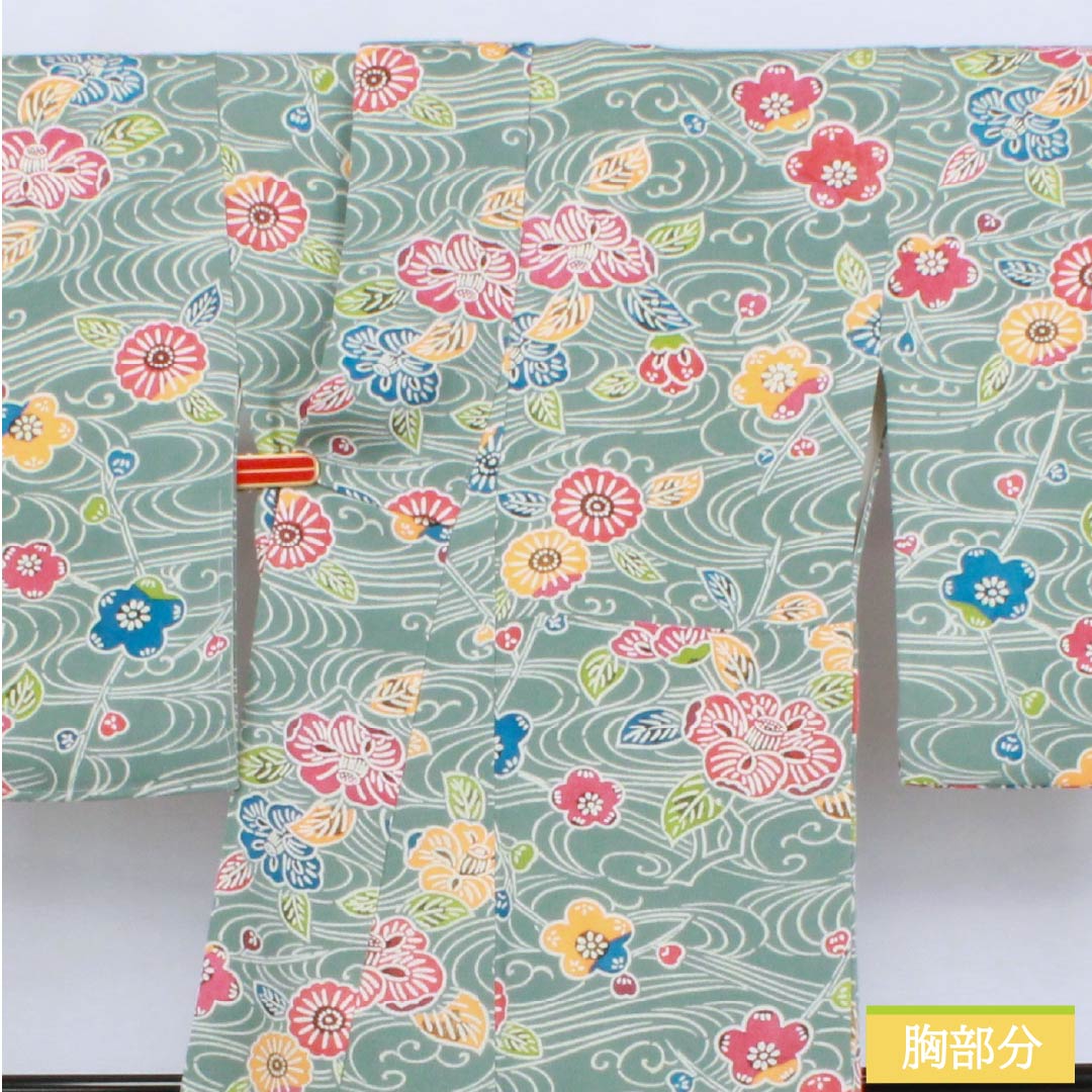 Komon (small pattern) kimono, pure silk, length 169.5cm, sleeve length 68.5cm, lined, Yamaaizuriiro (mountain indigo) color, Kyoto Bingata crepe fabric, flowing water and floral pattern, A rank, blue, 1115006163517