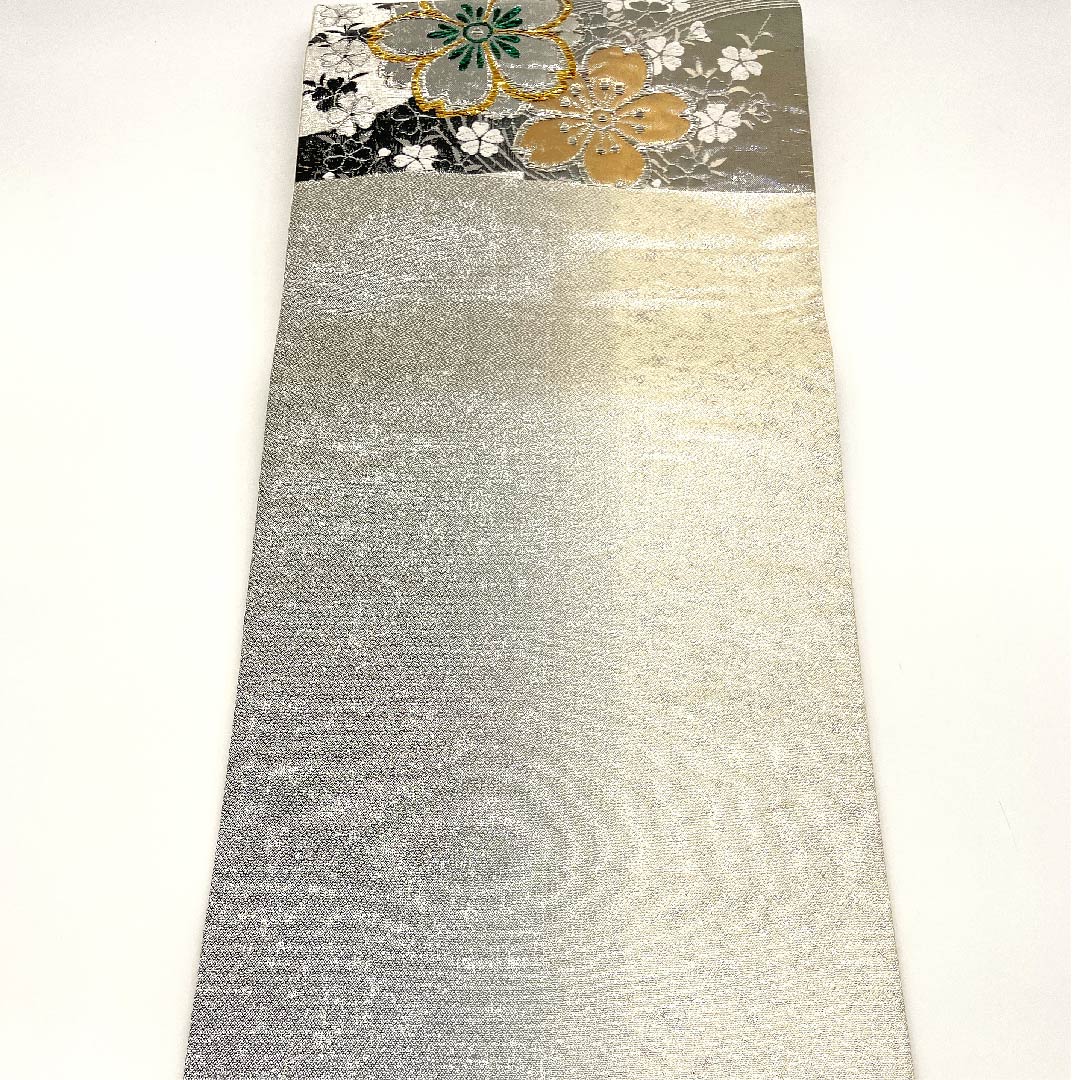 袋帯 シルバー色 桜 流水 振袖用 帯丈430cm 正絹 Sランク 六通 フォーマル 銀系 1123003032322