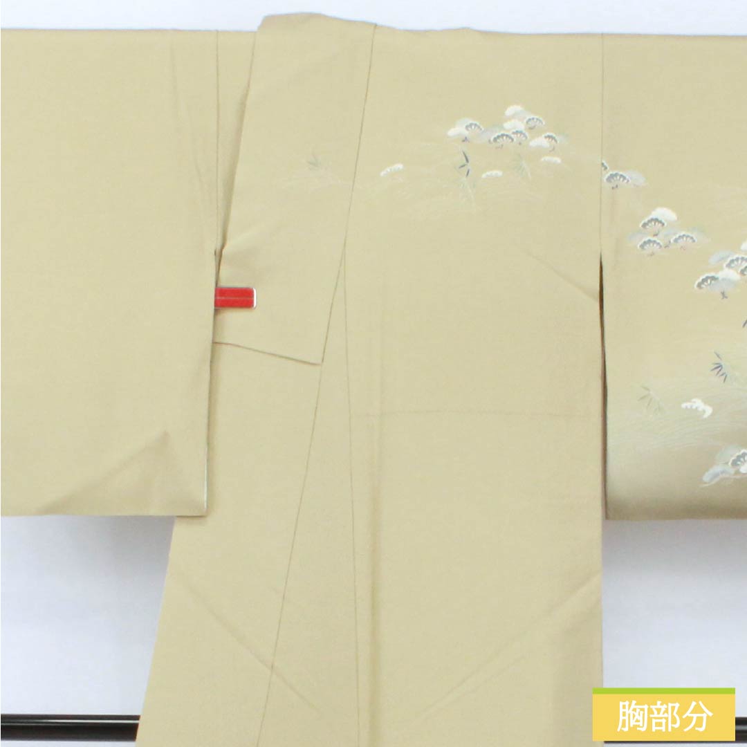 Visiting Kimono, Pure Silk, Grade A, Lined, Length 157.5cm, Sleeve Length 62.5cm, Rikyu White Brown (Rikyu Shirachairo), Kyoto Yuzen, Ivy, Single Crest, Artist's Work, Landscape Pattern, Green, Product Number: 1112007073319