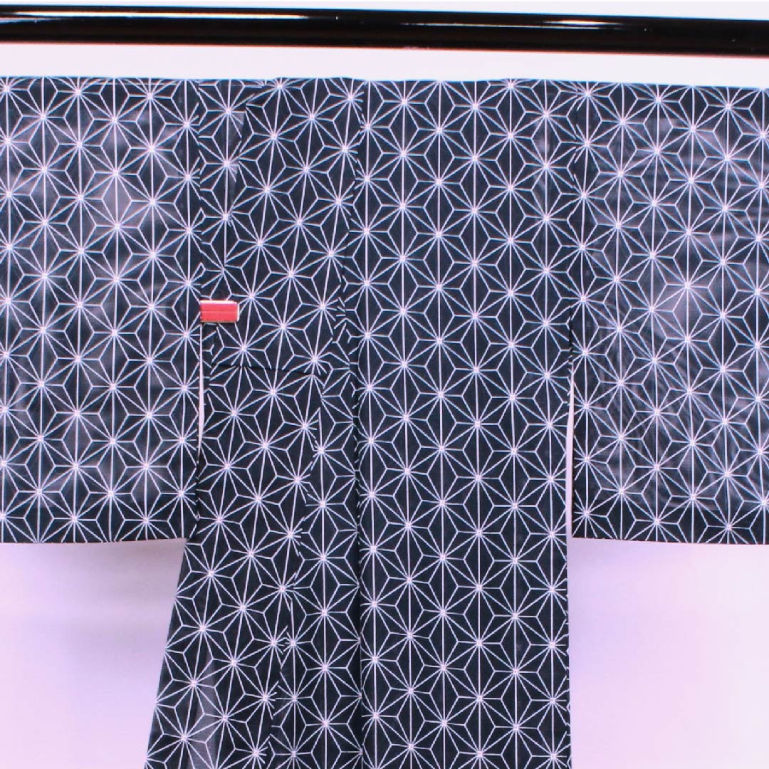 Summer polyester komon length 157.5cm sleeve length 61.5cm blue ink color hemp leaf silk S rank navy blue 1132000252318