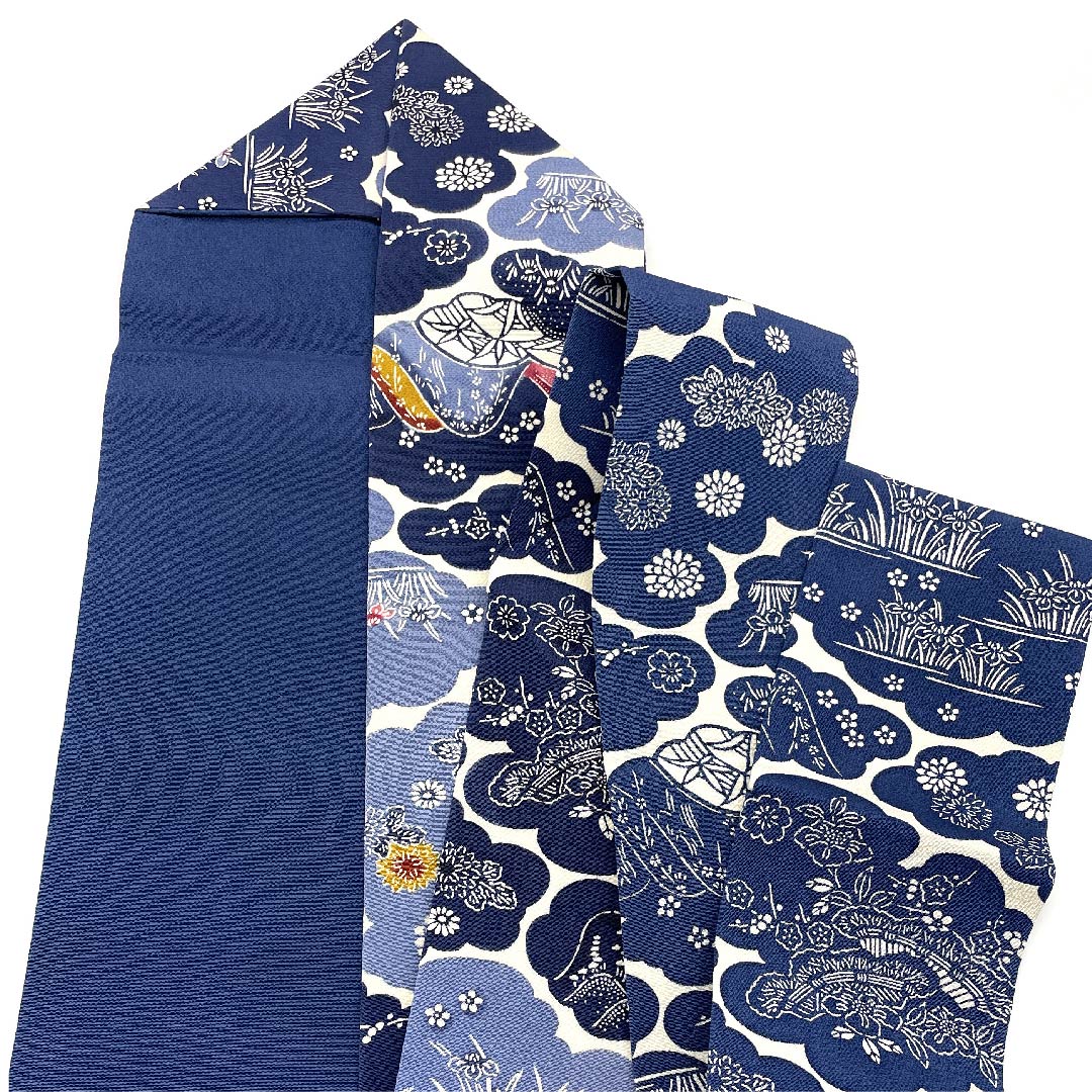 名古屋帯 韓藍色 草花模様 ちりめん地 帯丈337cm 正絹 Bランク ポイント柄 カジュアル 青系 1124004522317 名古屋仕立て