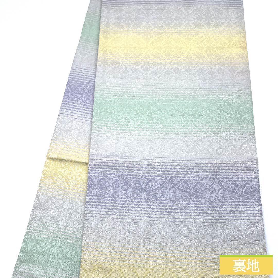 袋帯 正絹 銀白色(ぎんはくしょく) 西陣織 市松 天然灰汁醗酵建本藍染 七宝 帯丈444cm Sランク 六通 セミフォーマル 白系 1123012662311