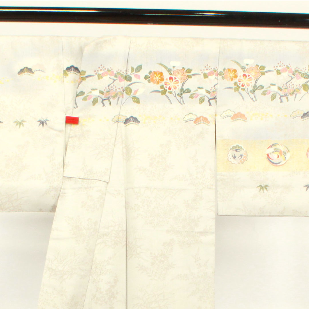 Homongi, pure silk, lined, length 155cm, sleeve length 61cm, cloud gray, Kyoto yuzen, bamboo, pine, crane, A rank, gray, 1112002923322