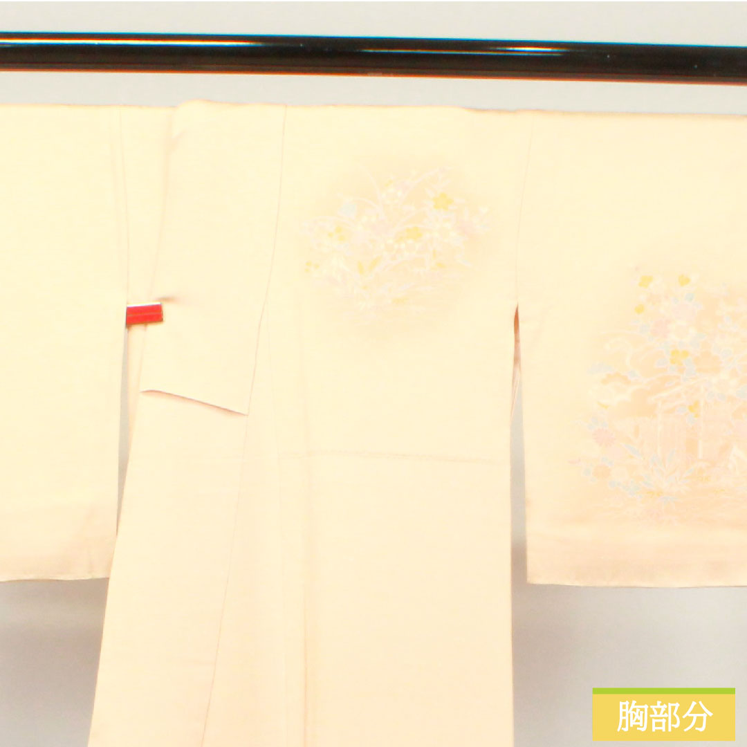 Homongi, pure silk, lined, length 164.5cm, sleeve length 66.5cm, light color, Kyo-Yuzen, floral pattern, Tango crepe, S rank, orange, 1112003502426