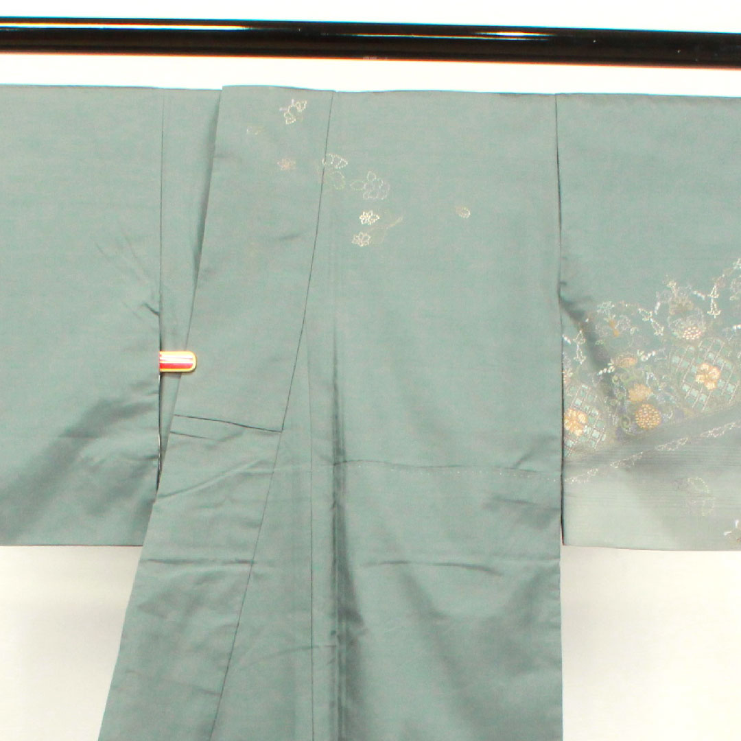 訪問着 正絹 袷 身丈162cm 裄丈65cm 灰青色 蘇州刺繡 紬地 抽象模様 Aランク グレー系 1112002813422