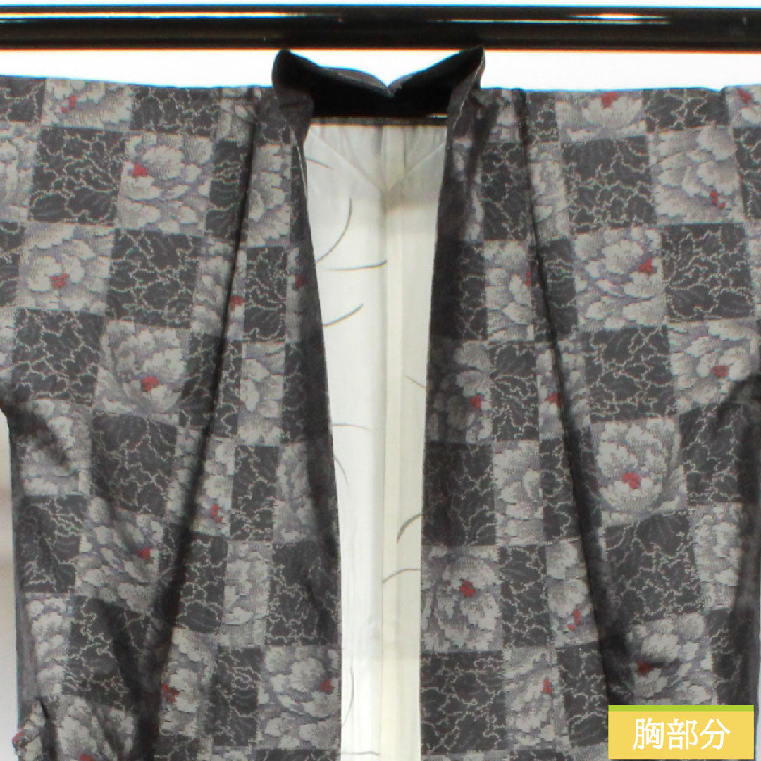 道中着 正絹 身丈88.5cm 裄丈68.5cm 大島紬 緯総絣 草花模様 しつけ糸付き Sランク 袷 黒系 1117001152910