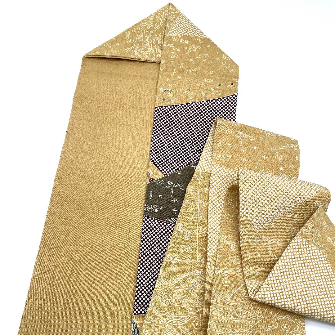 名古屋帯 山吹鼠色 京紅型 栗山工房 吉祥文様 帯丈366cm 正絹 Sランク ポイント柄 カジュアル 茶系 1124005202314 名古屋仕立て