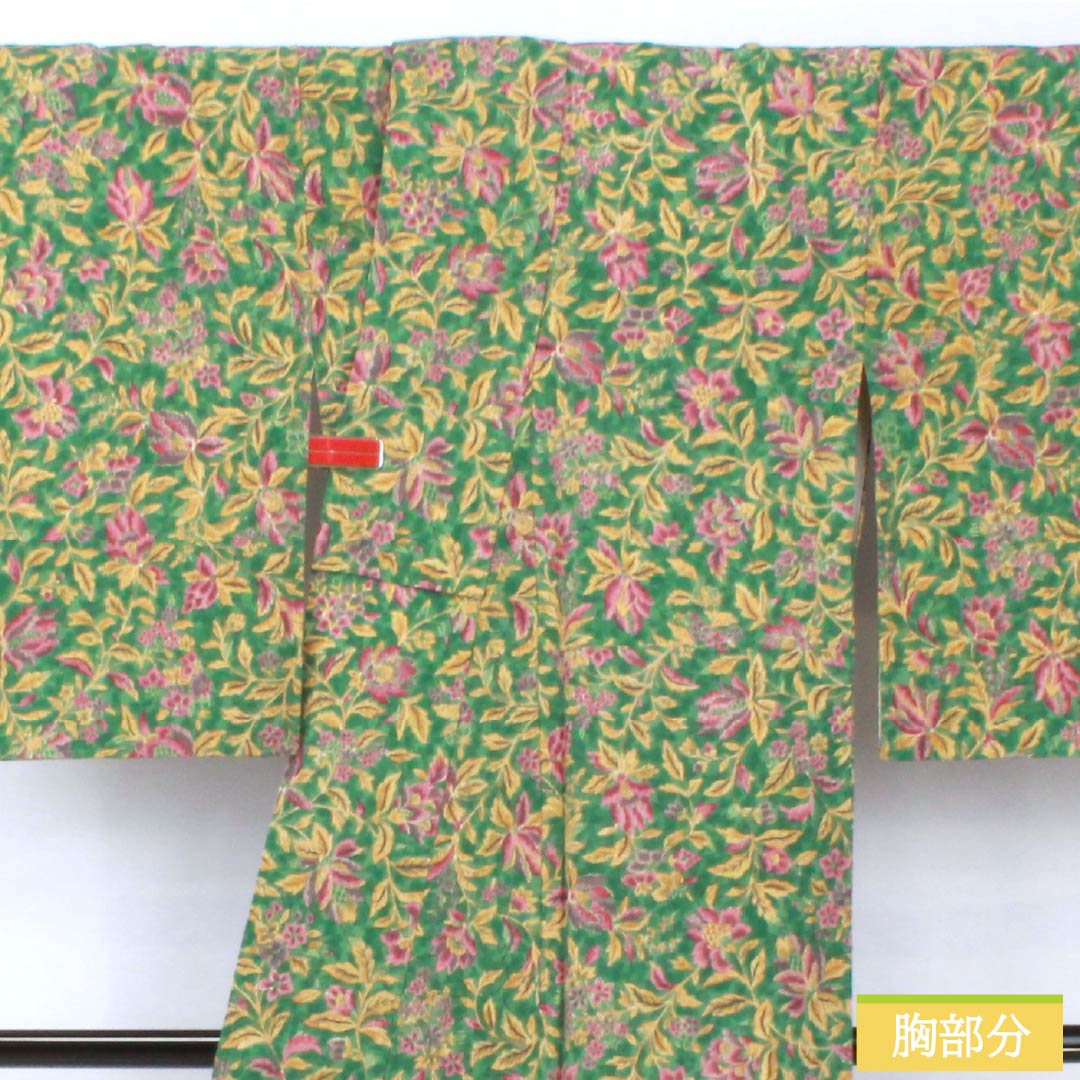 小紋 正絹 身丈159cm 裄丈62cm 袷 青銅色(せいどういろ) 型染 総花 Sランク 緑系 1115005362319