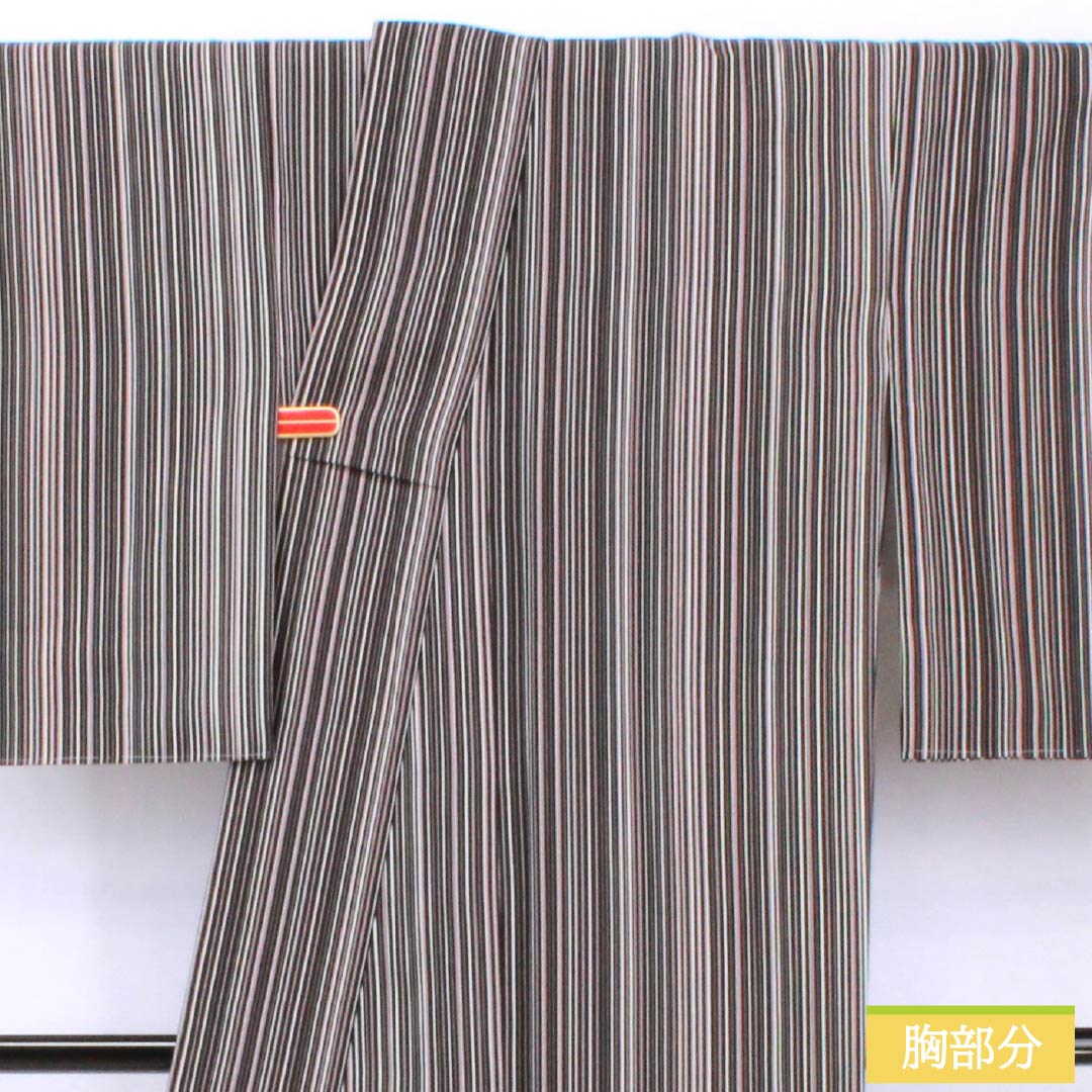 小紋 ポリエステル 身丈167.5cm 裄丈67cm 袷 縞 洗える着物 しつけ糸付き Sランク 黒系 1115005512510