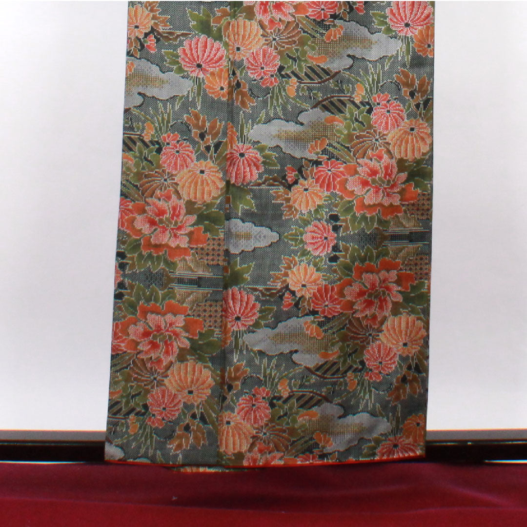 大島紬 身丈156.5cm 裄丈64.5cm 経緯絣 草花模様 正絹 Aランク 袷 緑系 1116001853319