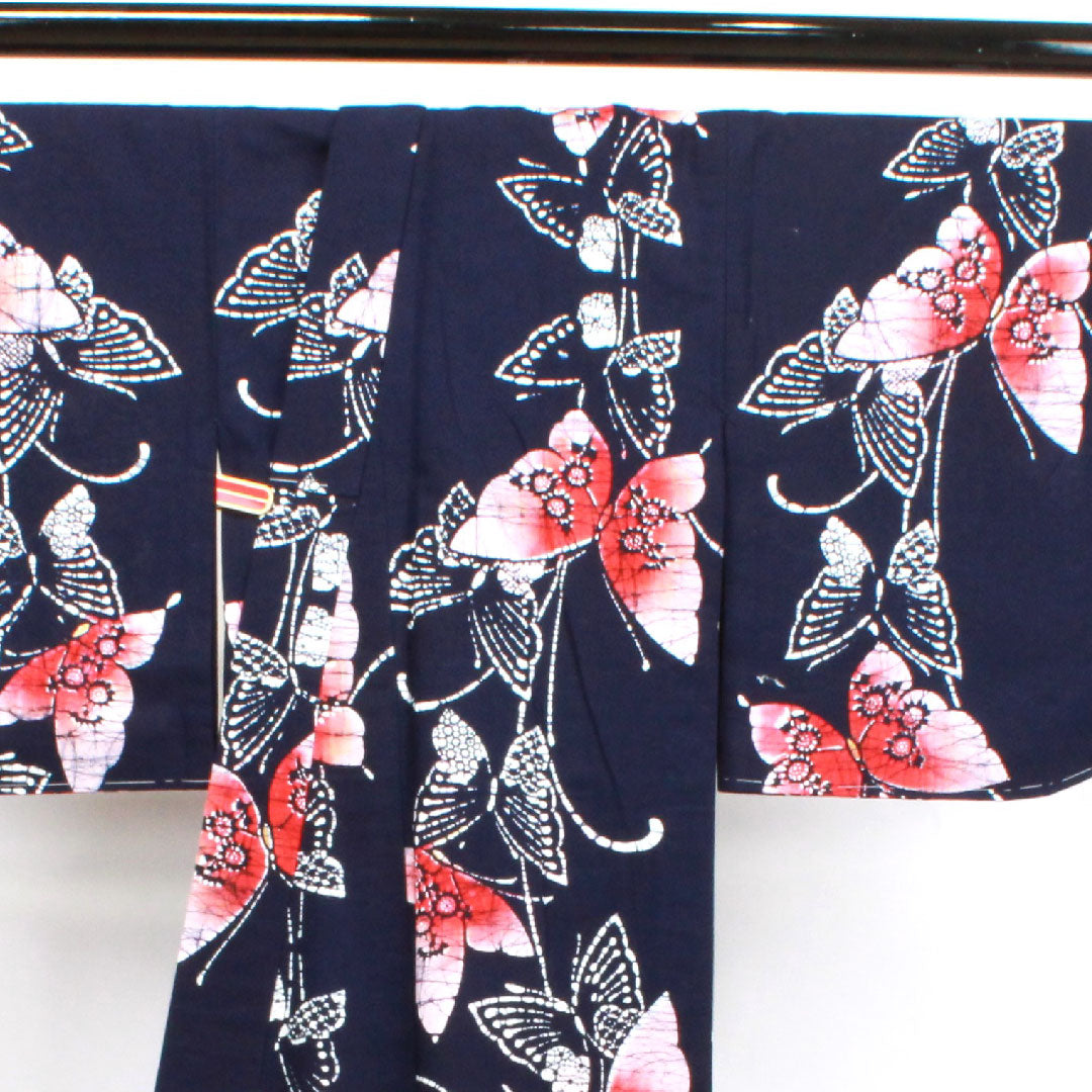Yukata with basting thread, unused, dark navy blue, butterfly, cotton, S rank, single layer, length 160cm, sleeve length 62cm, navy blue, 1118002922418