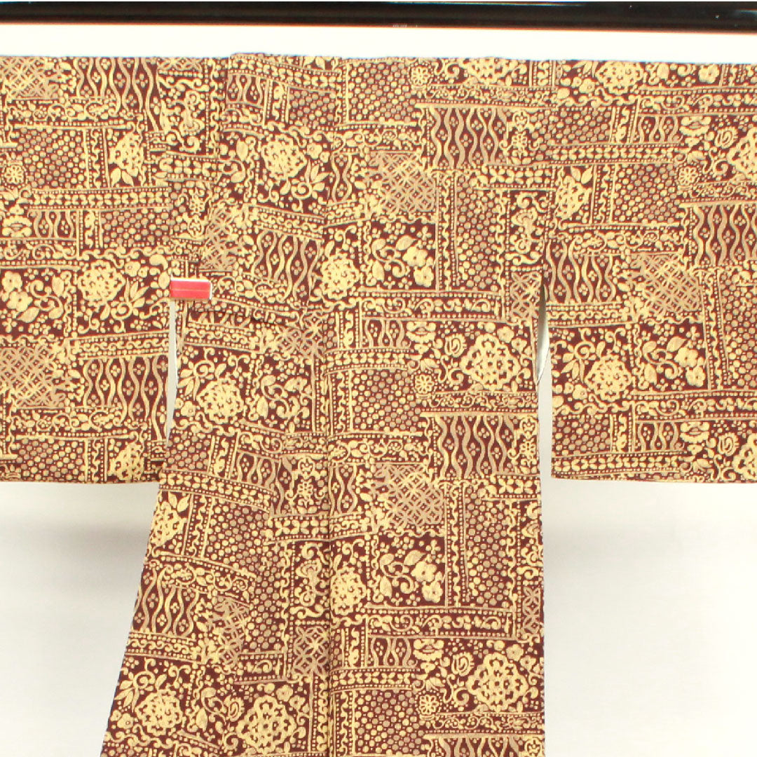 Komon, Length 156cm, Sleeve length 63.5cm, Awase, Iron black, Abstract pattern, Pure silk, S rank, Brown, 1115003422314