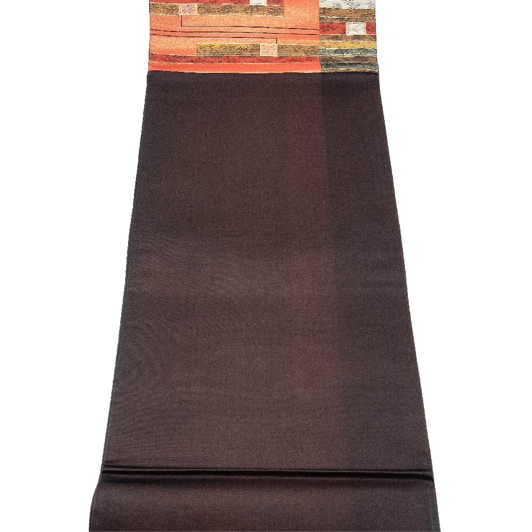 袋帯 牛血紅色(ぎゅうけつこういろ) 横段 幾何学模様 帯丈442cm 正絹 Sランク 六通 セミフォーマル 朱系 1123002752316