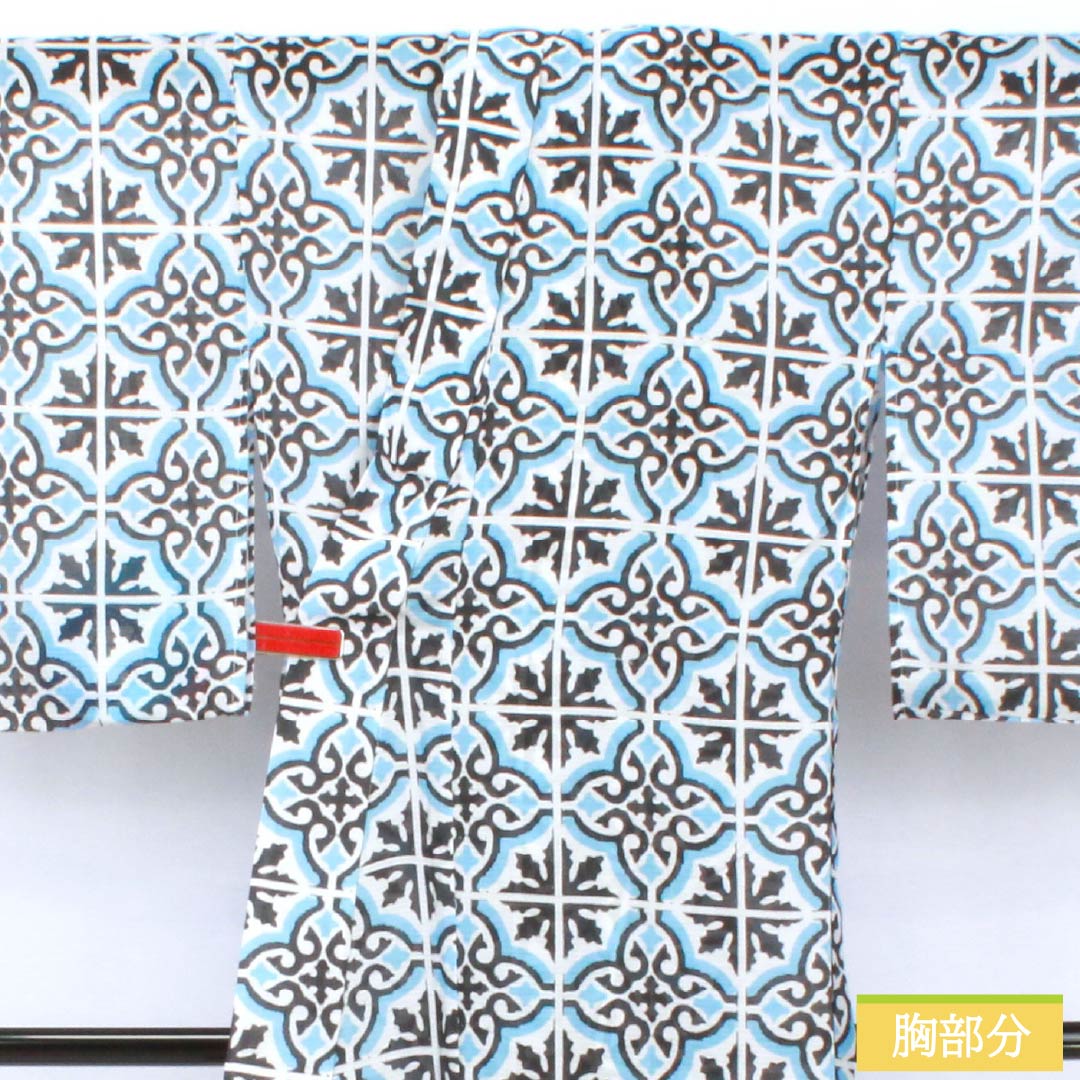 (Brand new, unused) Yukata (single-layer kimono) made of polyester, length 167cm, sleeve length 64.5cm. New rank. Light blue (sky blue) with geometric, tile, and damask patterns. Product number: 1118005711524