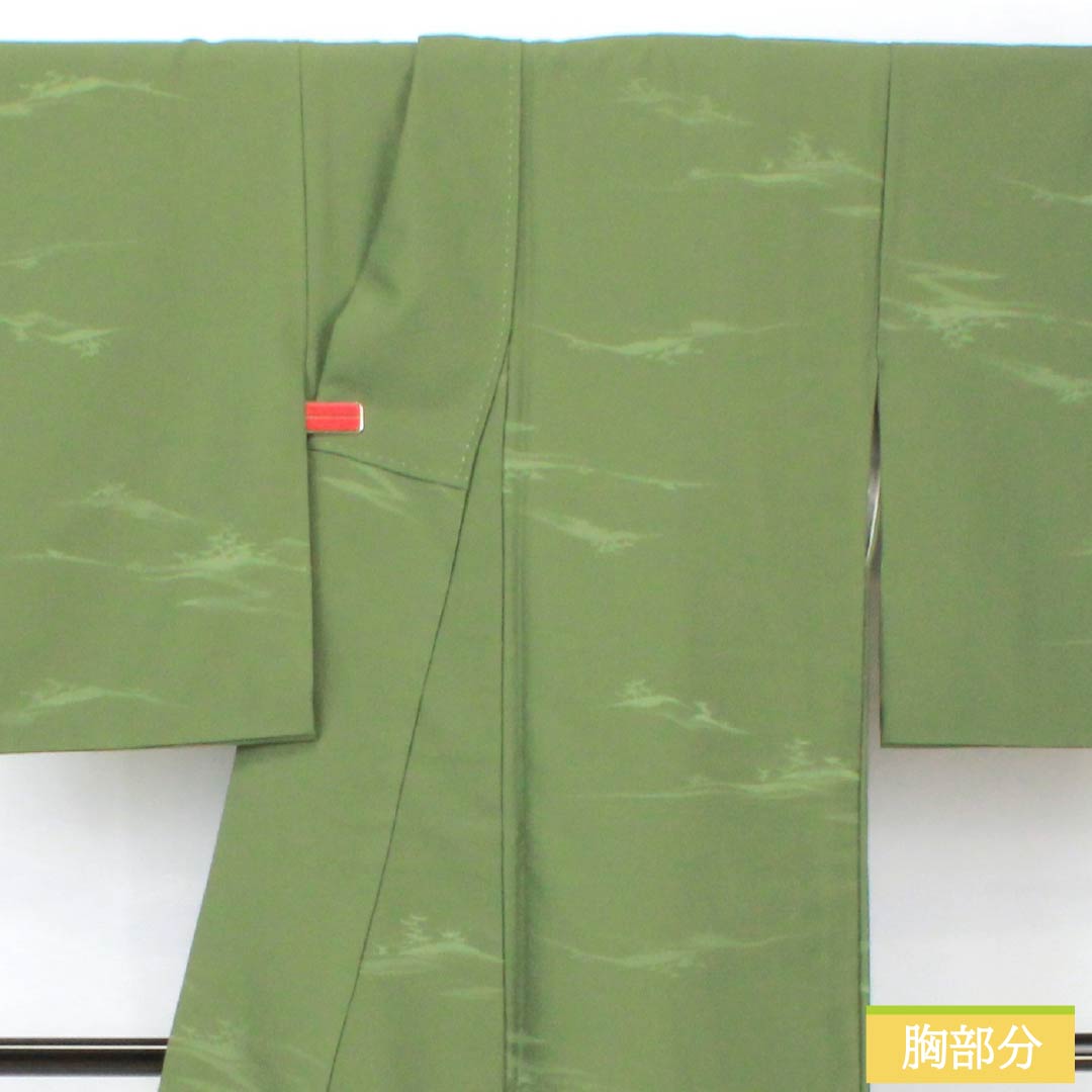 Solid-colored polyester kimono, length 163cm, sleeve length 65cm, pine needle color (matsubairo), made of brocade, washable, lined, S rank, green, product number 1114002172419