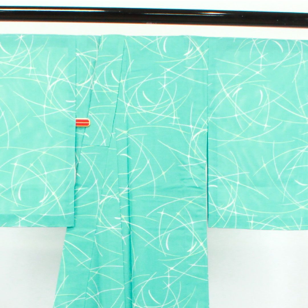 夏物 ポリエステル 小紋 身丈154.5cm 裄丈61.5cm 水浅葱色(みずあさぎいろ) 洗える着物 幾何学模様 絽 Sランク 水色系 1132001722224
