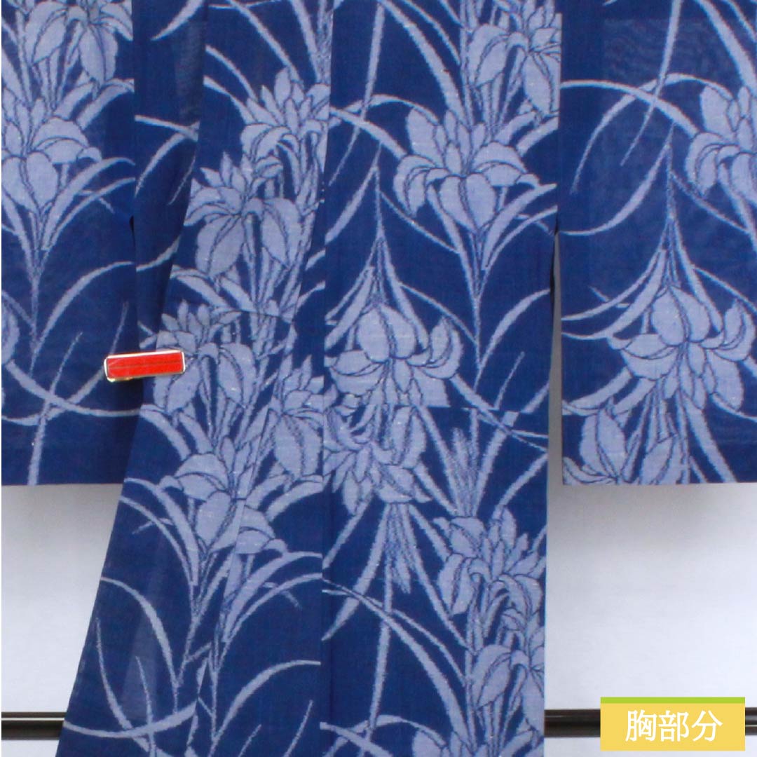 Summer pure silk tsumugi kimono, length 151cm, sleeve length 62.5cm, navy blue with iris and gauze, A-rank, blue, 1132002813217