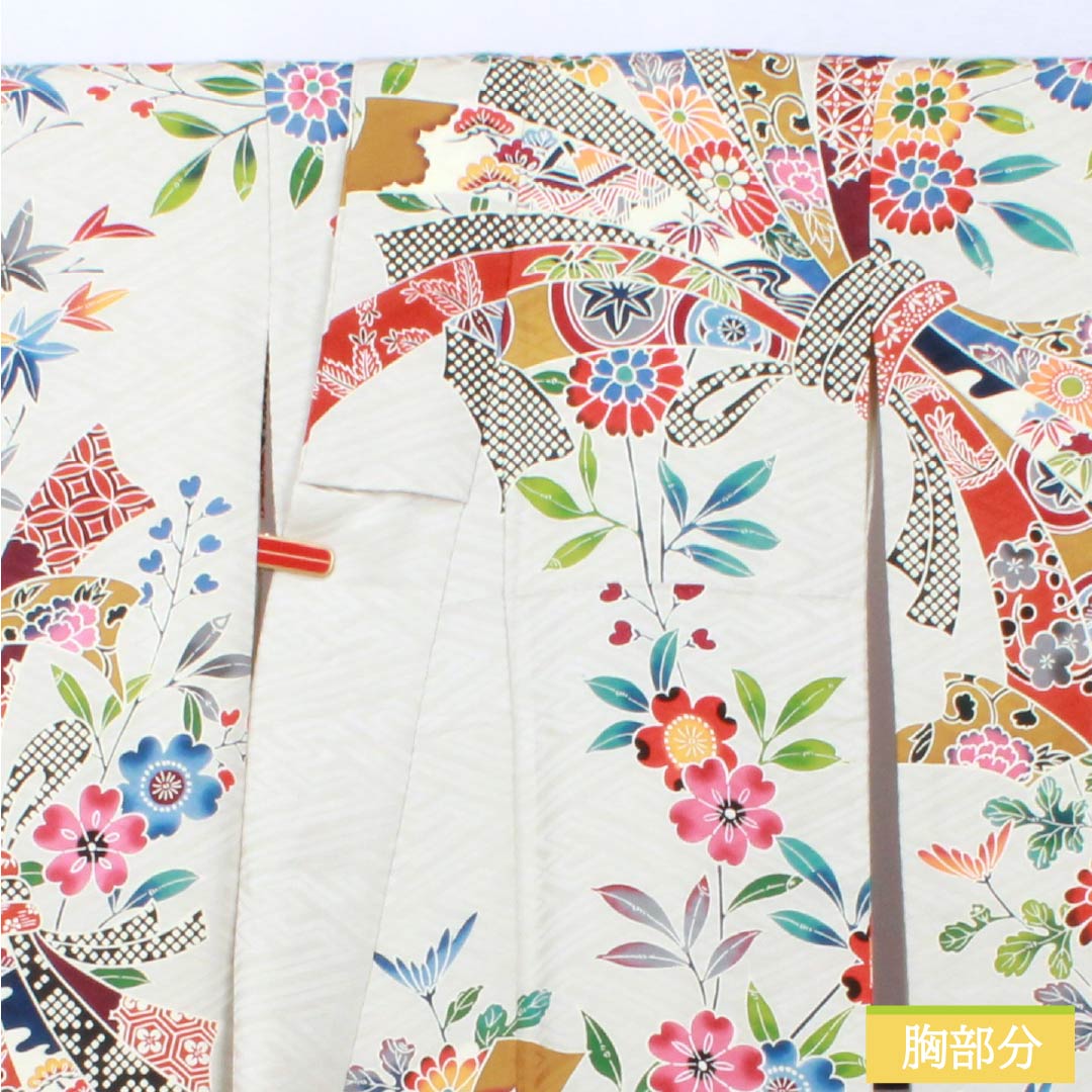 振袖 正絹 Sランク 身丈160.5cm 裄丈64cm 袷 銀白色(ぎんはくしょく) 京友禅 束ね熨斗 紗綾形 グレー系 1113002462422