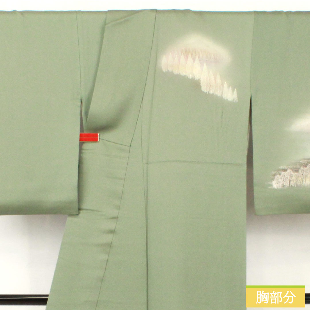 訪問着 正絹 袷 身丈162.5cm 裄丈65cm 裏葉色(うらはいろ) 風景模様 Aランク 緑系 1112005853419