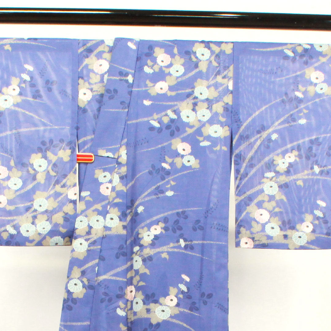 Summer kimono, polyester, small pattern, length 164cm, sleeve length 64cm, dark blue, chrysanthemum, bush clover, washable kimono, silk, S rank, blue, 1132001742417