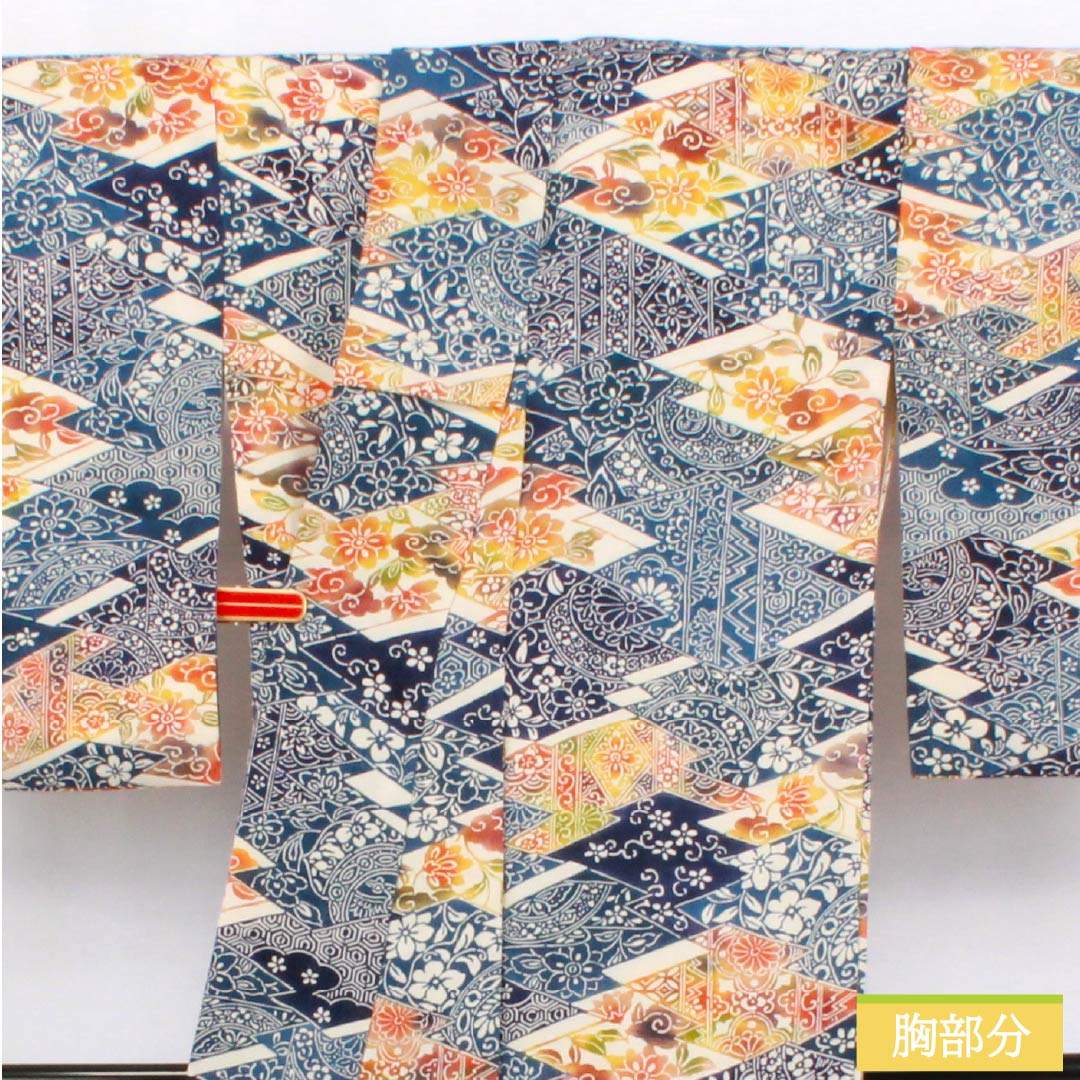 Komon (small pattern) kimono, pure silk, length 165cm, sleeve length 63cm, lined, navy blue (kon-iro) and Berlin blue (berensu-iro), stencil dyeing, Shosoin pattern, A rank, blue, 1115006203517