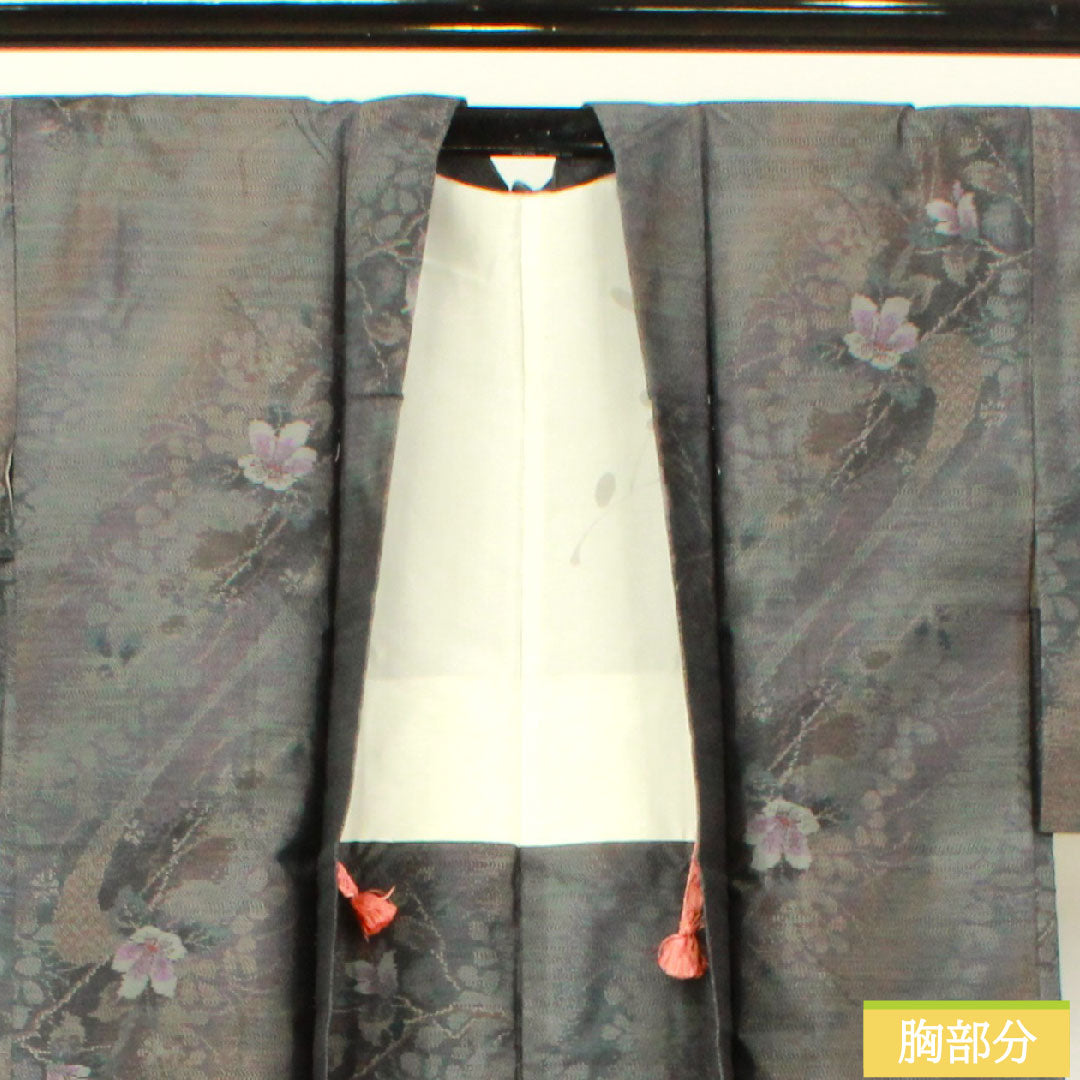 羽織 正絹 身丈80.5cm 裄丈63cm 大島紬 緯総絣 草花模様 Sランク 袷 グレー系 1117001172922