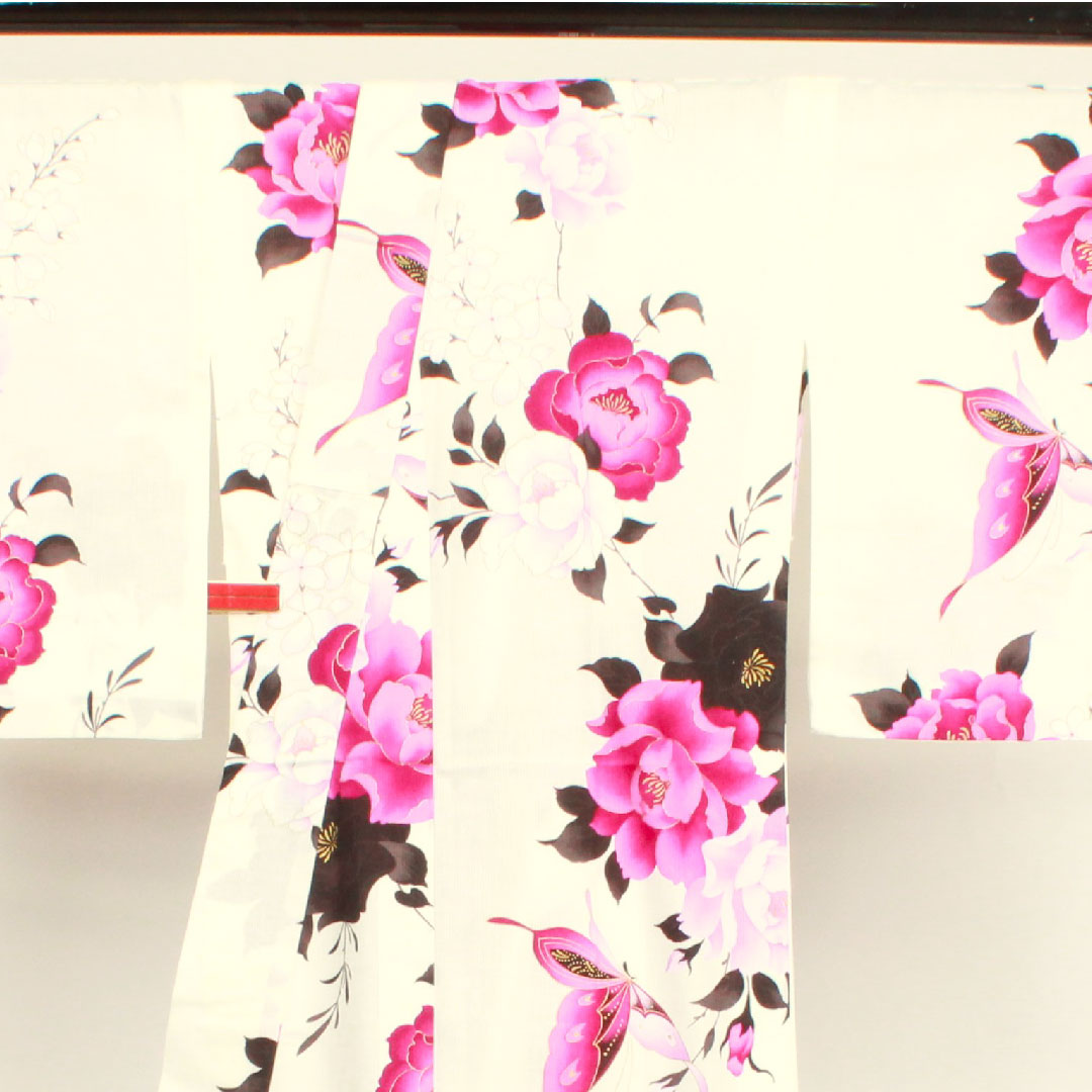 Yukata Butterfly Rose Kansai Yamamoto Cotton S Rank Single Layer Length 162.5cm Sleeve Length 68.5cm White 1118001842411