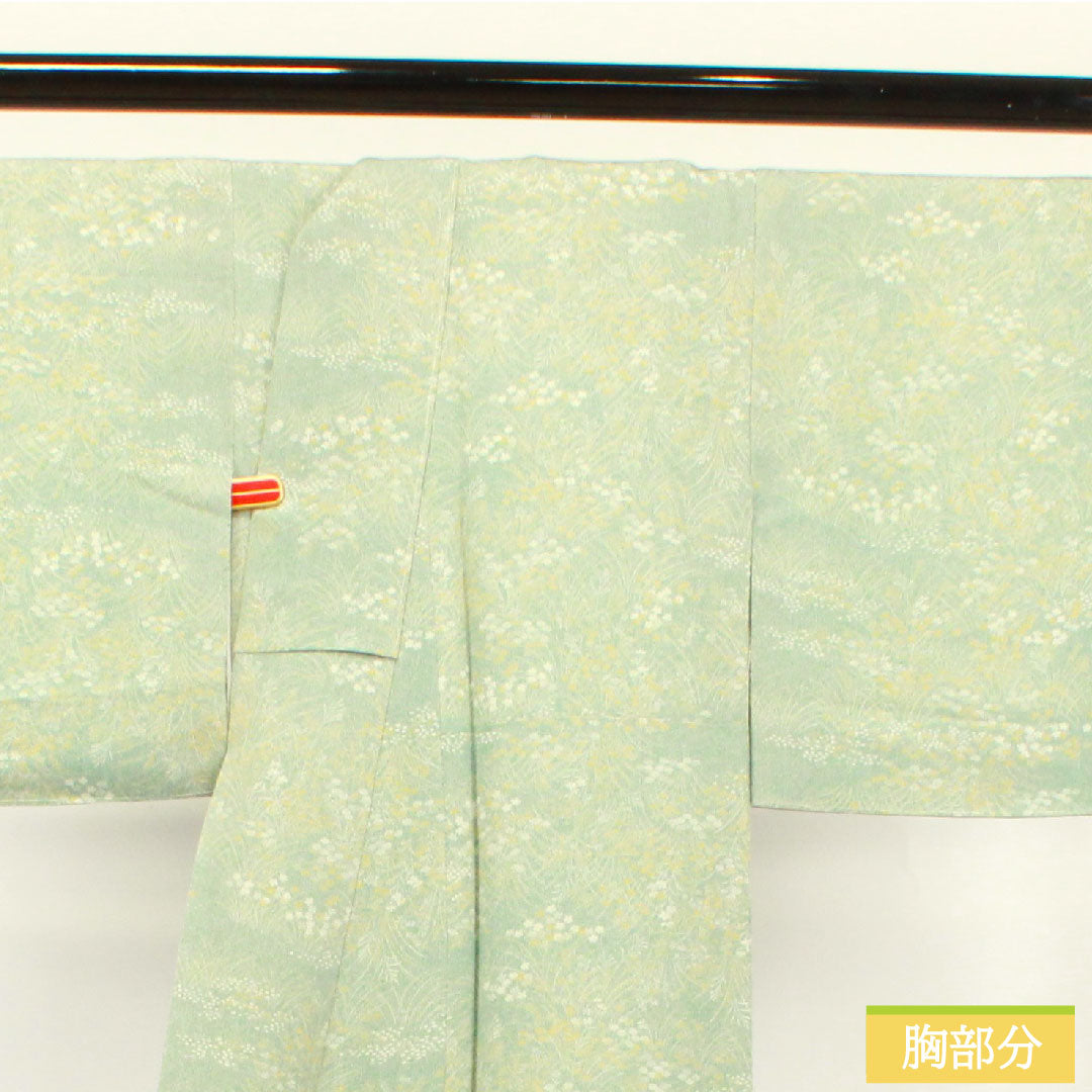 小紋 正絹 身丈158cm 裄丈61.5cm 袷 裏葉色 草花模様 しつけ糸付き 未使用品 Sランク 緑系 1115003612319