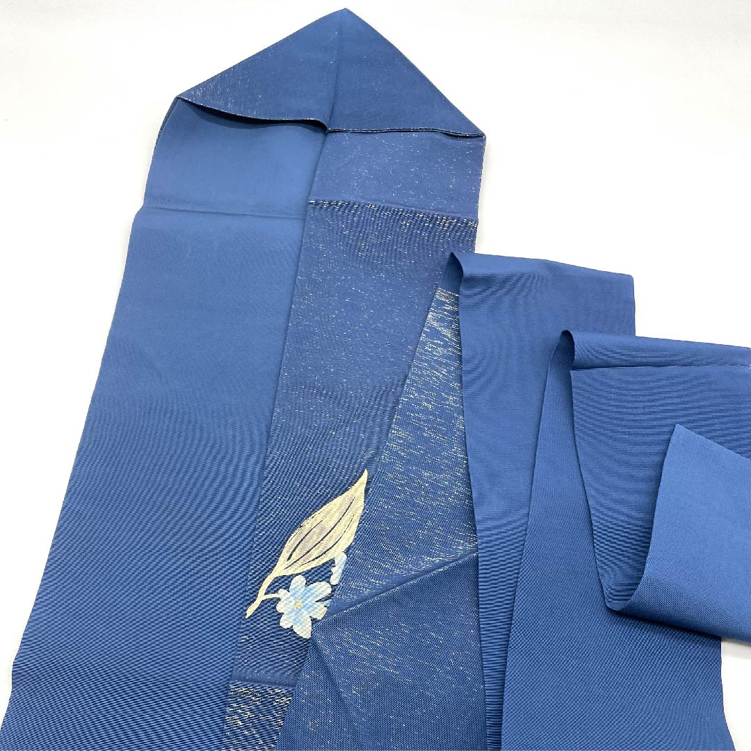名古屋帯 紺藍色 草花模様 刺繍 帯丈387.5cm 正絹 Aランク ポイント柄 セミフォーマル 青系 1124003203317 名古屋仕立て