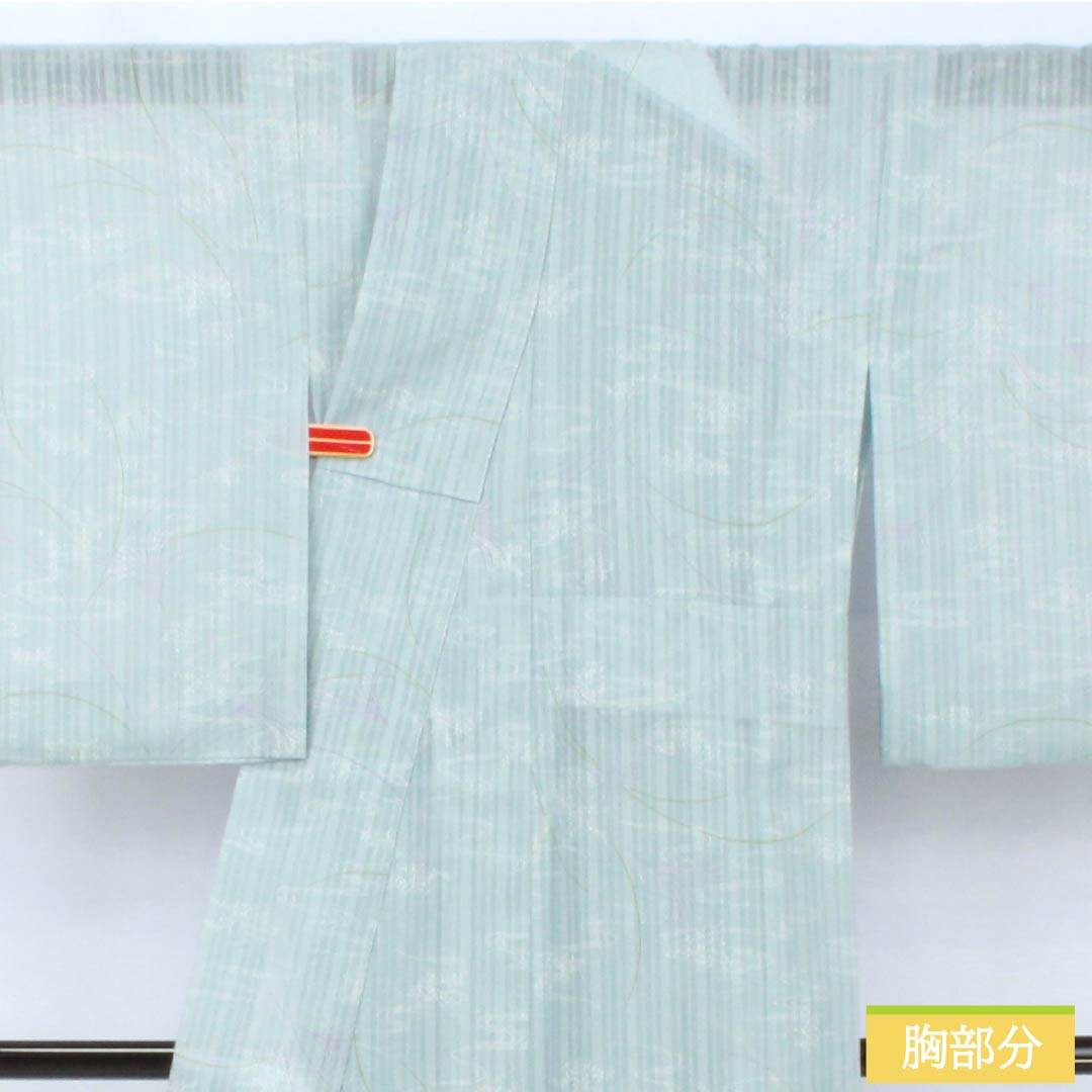 夏物 ポリエステル 小紋 身丈153cm 裄丈62.5cm 瓶覗色(かめのぞきいろ) 流水 秋草 洗える着物 紗 Aランク 水色系 1132002313224