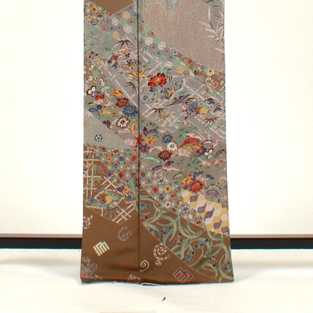 訪問着 袷 身丈165.5cm 裄丈66cm 京紅型 源氏香 草花模様 正絹 Aランク グレー系 1112001453522