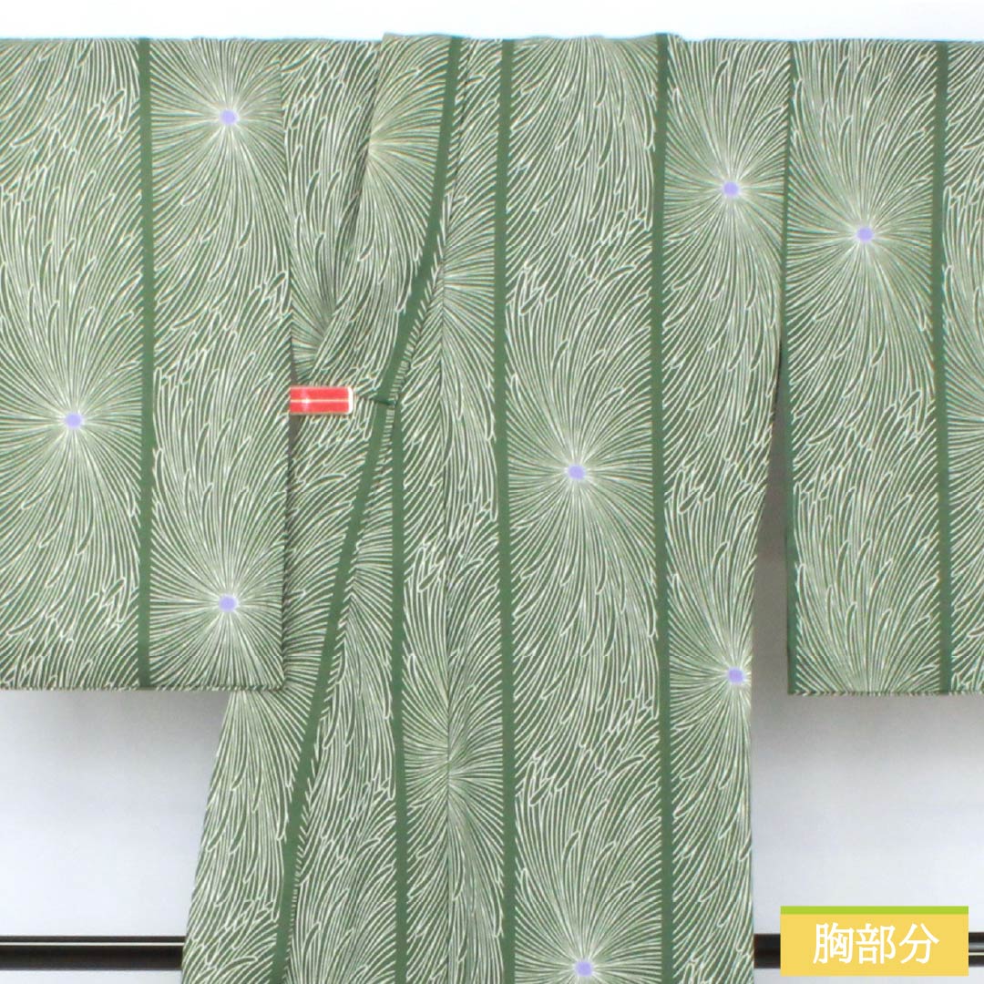 夏物 ポリエステル 小紋 身丈158cm 裄丈66cm 夏虫色(なつむしいろ) 乱菊 洗える着物 紗 Sランク 緑系 1132002162319