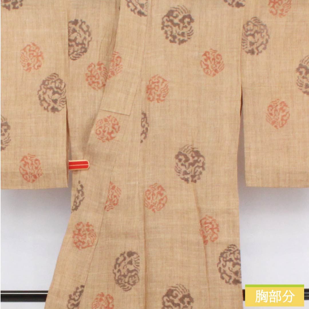 Summer linen tsumugi (pongee) kimono, length 151.5cm, sleeve length 63.5cm, walnut color, abstract pattern, horizontal double kasuri, gauze, S rank, brown, 1132002692214