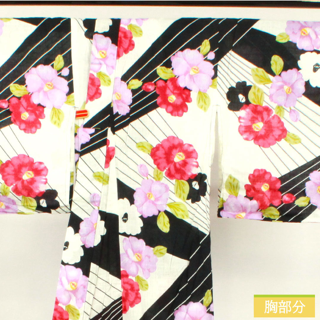 浴衣 木綿 身丈163.5cm 裄丈64cm Sランク 単衣 モノトーン 椿 1118005092427