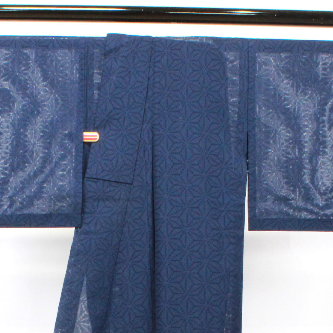 Summer item, pure silk, plain color, length 153cm, sleeve length 64cm, dark blue, hemp leaf pattern, gauze, S rank, navy blue, 1132000982218