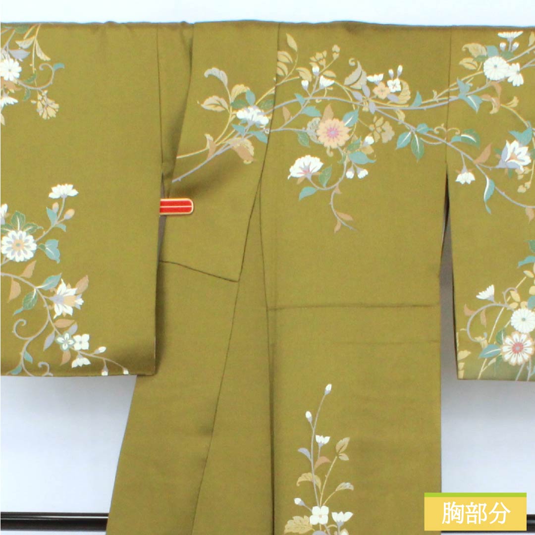 訪問着 正絹 Aランク 袷 身丈162cm 裄丈60.5cm 威光茶色(いこうちゃいろ) 京友禅 草花 緑系 1112007593419